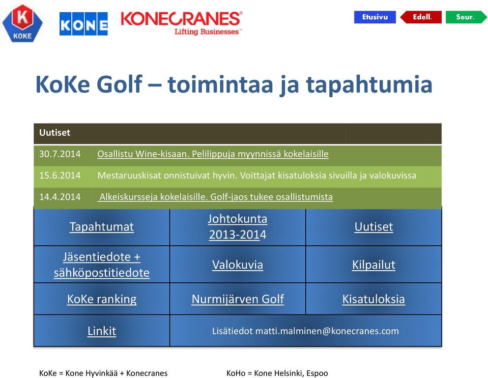 Golf-jaos tukee osallistumista Tapahtumat Jäsentiedote + sähköpostitiedote Johtokunta 2013-2014 Valokuvia Uutiset Kilpailut KoKe