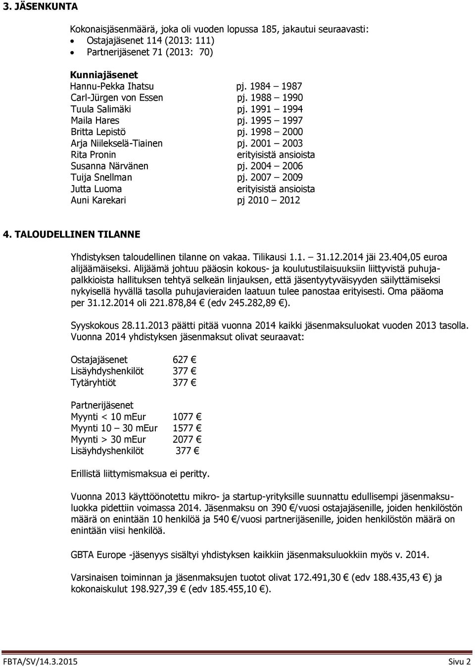 2001 2003 Rita Pronin erityisistä ansioista Susanna Närvänen pj. 2004 2006 Tuija Snellman pj. 2007 2009 Jutta Luoma erityisistä ansioista Auni Karekari pj 2010 2012 4.