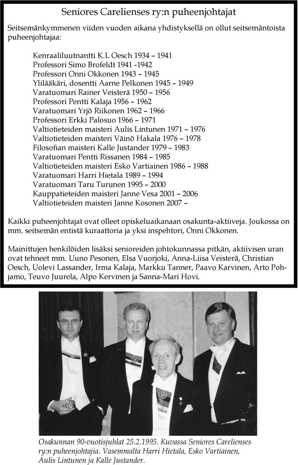 1956 1962 Varatuomari Yrjö Riikonen 1962 1966 Professori Erkki Palosuo 1966 1971 Valtiotieteiden maisteri Aulis Lintunen 1971 1976 Valtiotieteiden maisteri Väinö Hakala 1976 1978 Filosofian maisteri