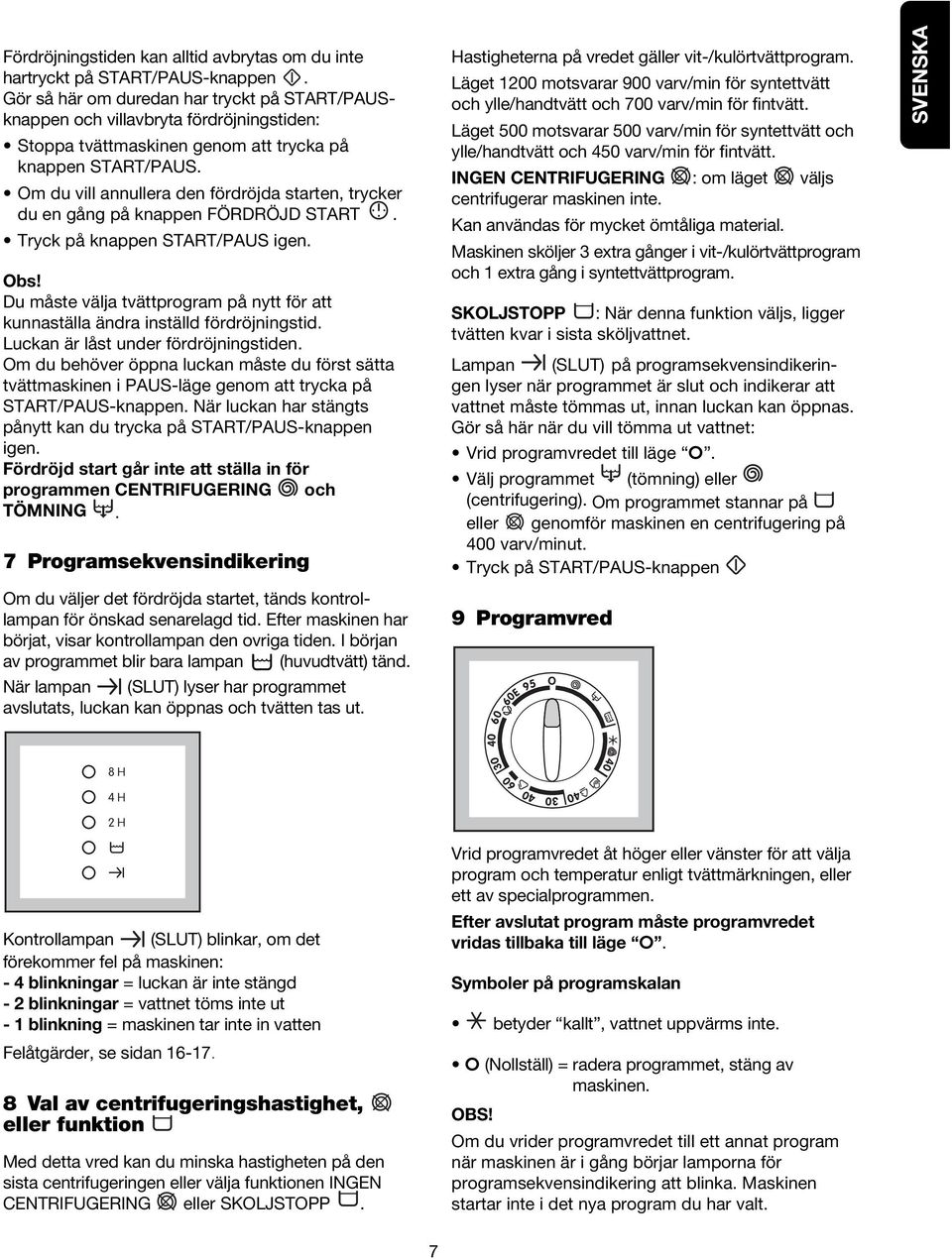 Om du vill annullera den fördröjda starten, trycker du en gång på knappen FÖRDRÖJD START. Tryck på knappen START/PAUS igen. Obs!