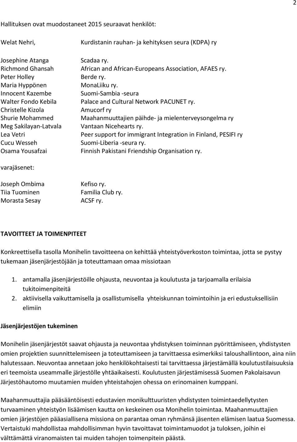 MonaLiiku ry. Suomi-Sambia -seura Palace and Cultural Network PACUNET ry. Amucorf ry Maahanmuuttajien päihde- ja mielenterveysongelma ry Vantaan Nicehearts ry.