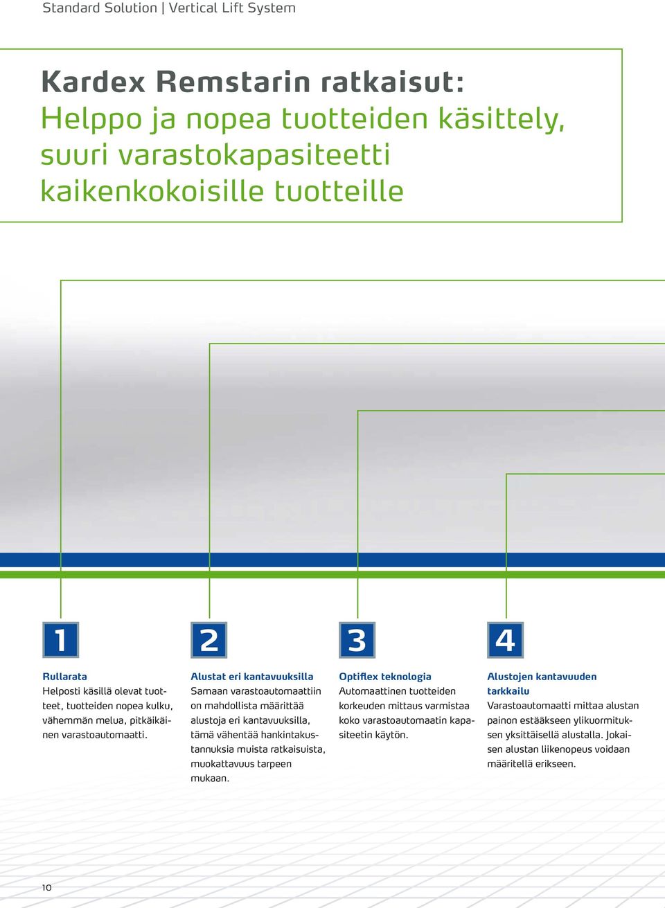 Alustat eri kantavuuksilla Samaan varastoautomaattiin on mahdollista määrittää alustoja eri kantavuuksilla, tämä vähentää hankintakustannuksia muista ratkaisuista, muokattavuus tarpeen mukaan.