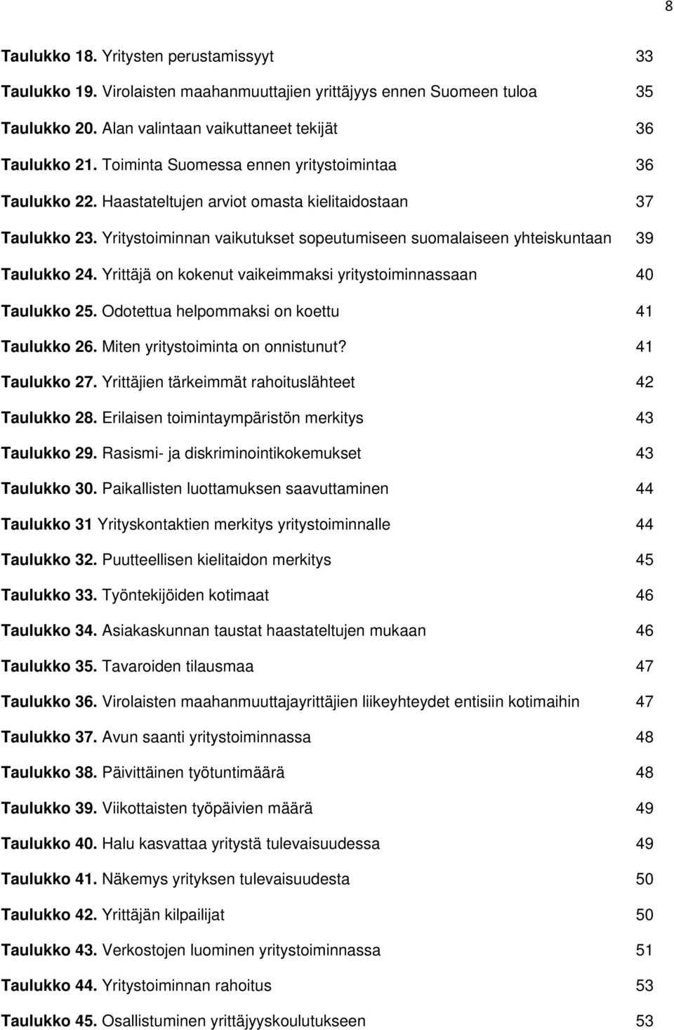 Yritystoiminnan vaikutukset sopeutumiseen suomalaiseen yhteiskuntaan 39 Taulukko 24. Yrittäjä on kokenut vaikeimmaksi yritystoiminnassaan 40 Taulukko 25.
