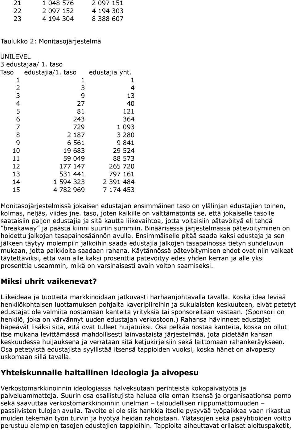 453 Monitasojärjestelmissä jokaisen edustajan ensimmäinen taso on ylälinjan edustajien toinen, kolmas, neljäs, viides jne.