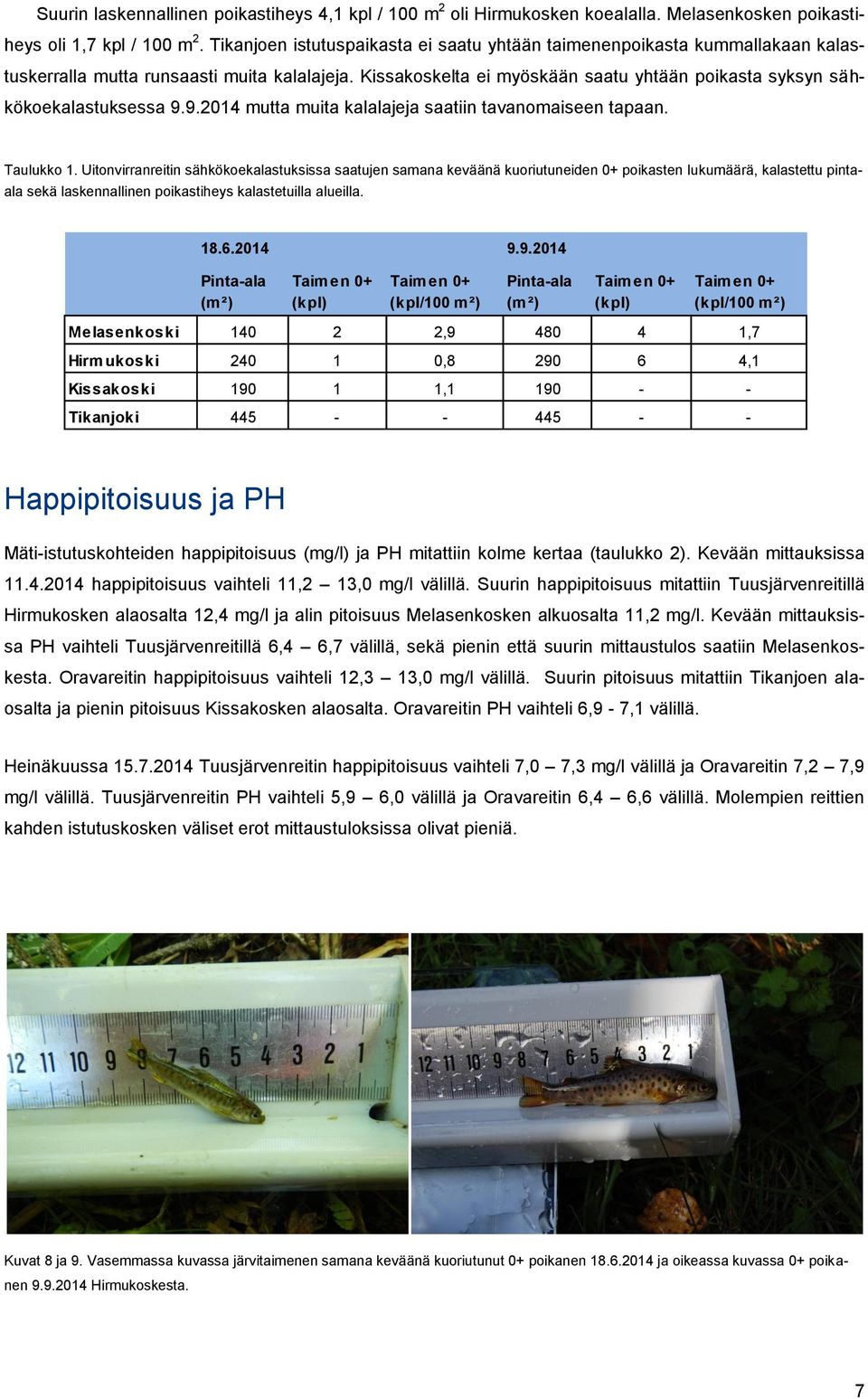 Kissakoskelta ei myöskään saatu yhtään poikasta syksyn sähkökoekalastuksessa 9.9.2014 mutta muita kalalajeja saatiin tavanomaiseen tapaan. Taulukko 1.