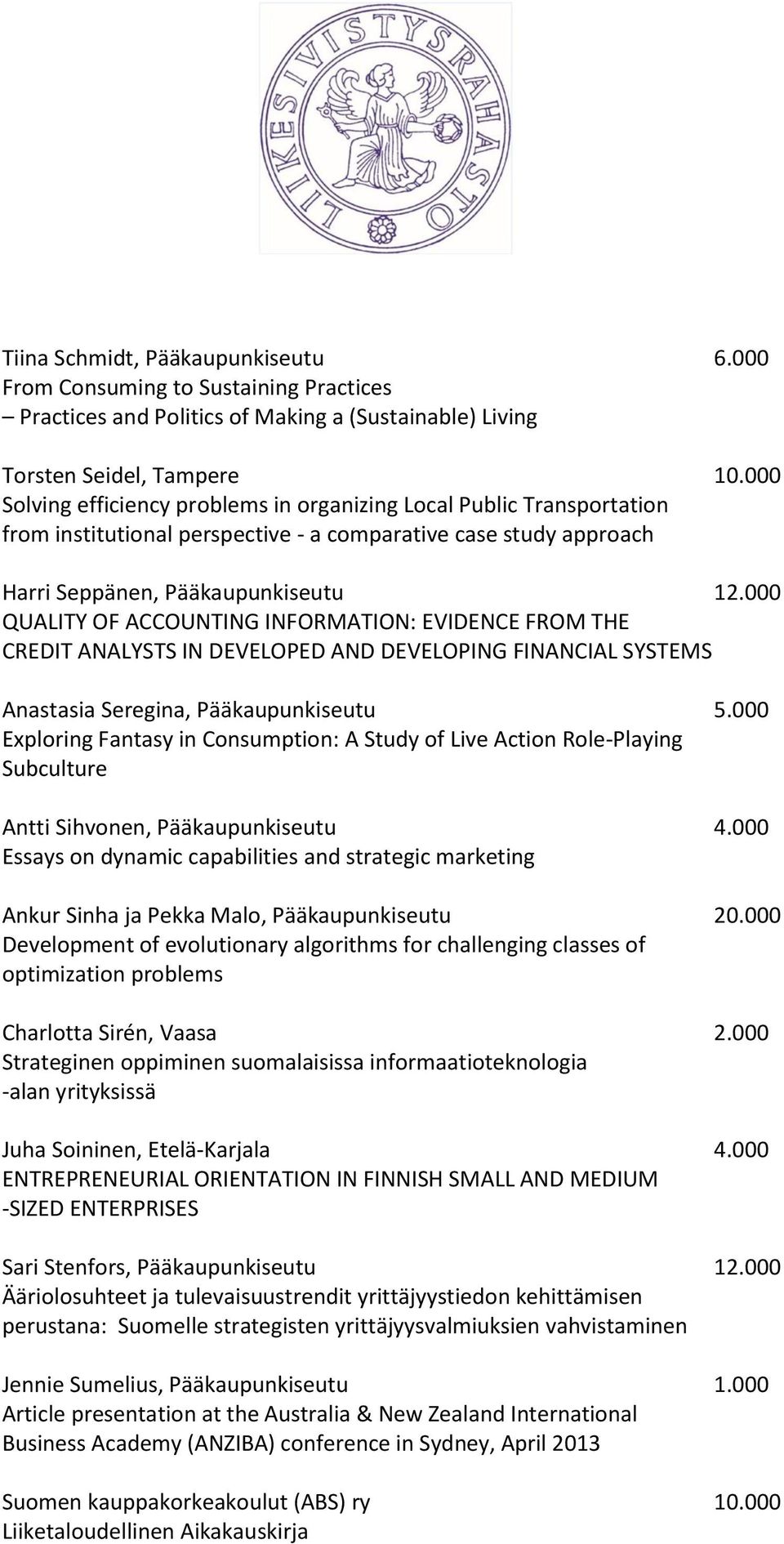 000 QUALITY OF ACCOUNTING INFORMATION: EVIDENCE FROM THE CREDIT ANALYSTS IN DEVELOPED AND DEVELOPING FINANCIAL SYSTEMS Anastasia Seregina, Pääkaupunkiseutu 5.