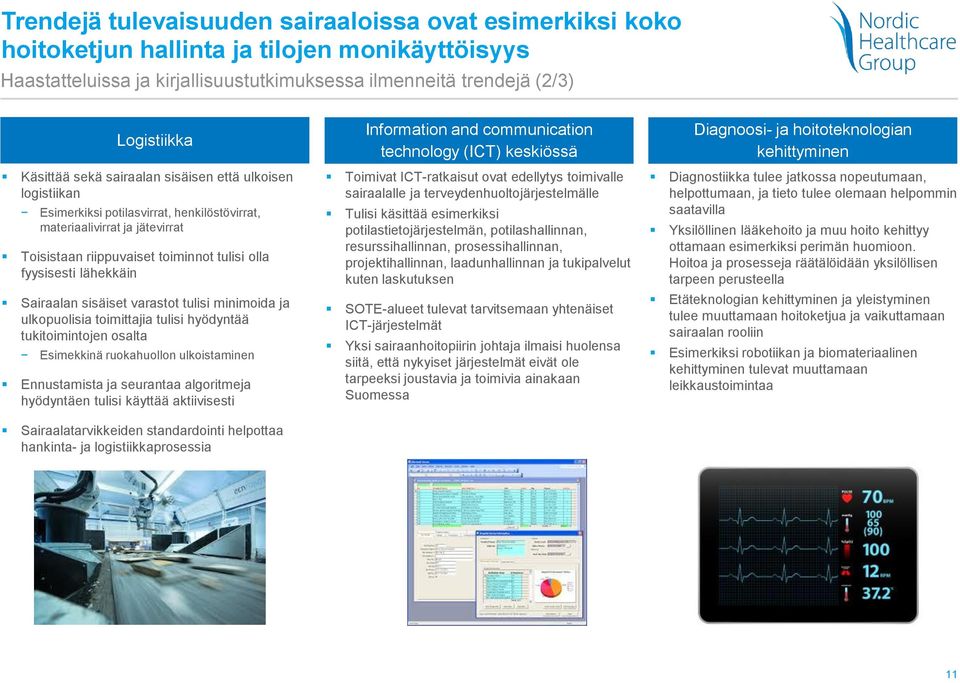 Sairaalan sisäiset varastot tulisi minimoida ja ulkopuolisia toimittajia tulisi hyödyntää tukitoimintojen osalta Esimekkinä ruokahuollon ulkoistaminen Ennustamista ja seurantaa algoritmeja hyödyntäen