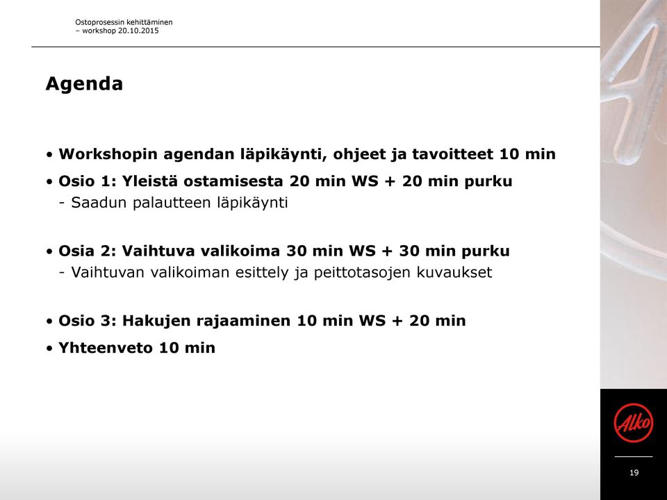 ostamisesta 20 min WS + 20 min purku - Saadun palautteen läpikäynti Osia 2: Vaihtuva