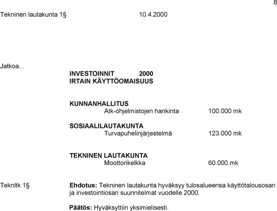 SOSIAALILAUTAKUNTA Turvapuhelinjärjestelmä 100.000 mk 123.