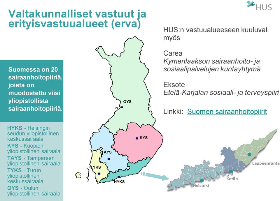 OYS Carea Kymenlaakson sairaanhoito- ja sosiaalipalvelujen kuntayhtymä Eksote Etelä-Karjalan sosiaali- ja terveyspiiri Linkki: Suomen