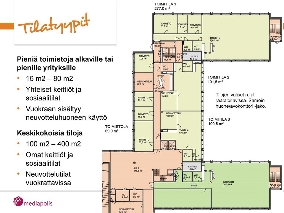 väliset rajat räätälöitävissä. Samoin huone/avokonttori -jako.