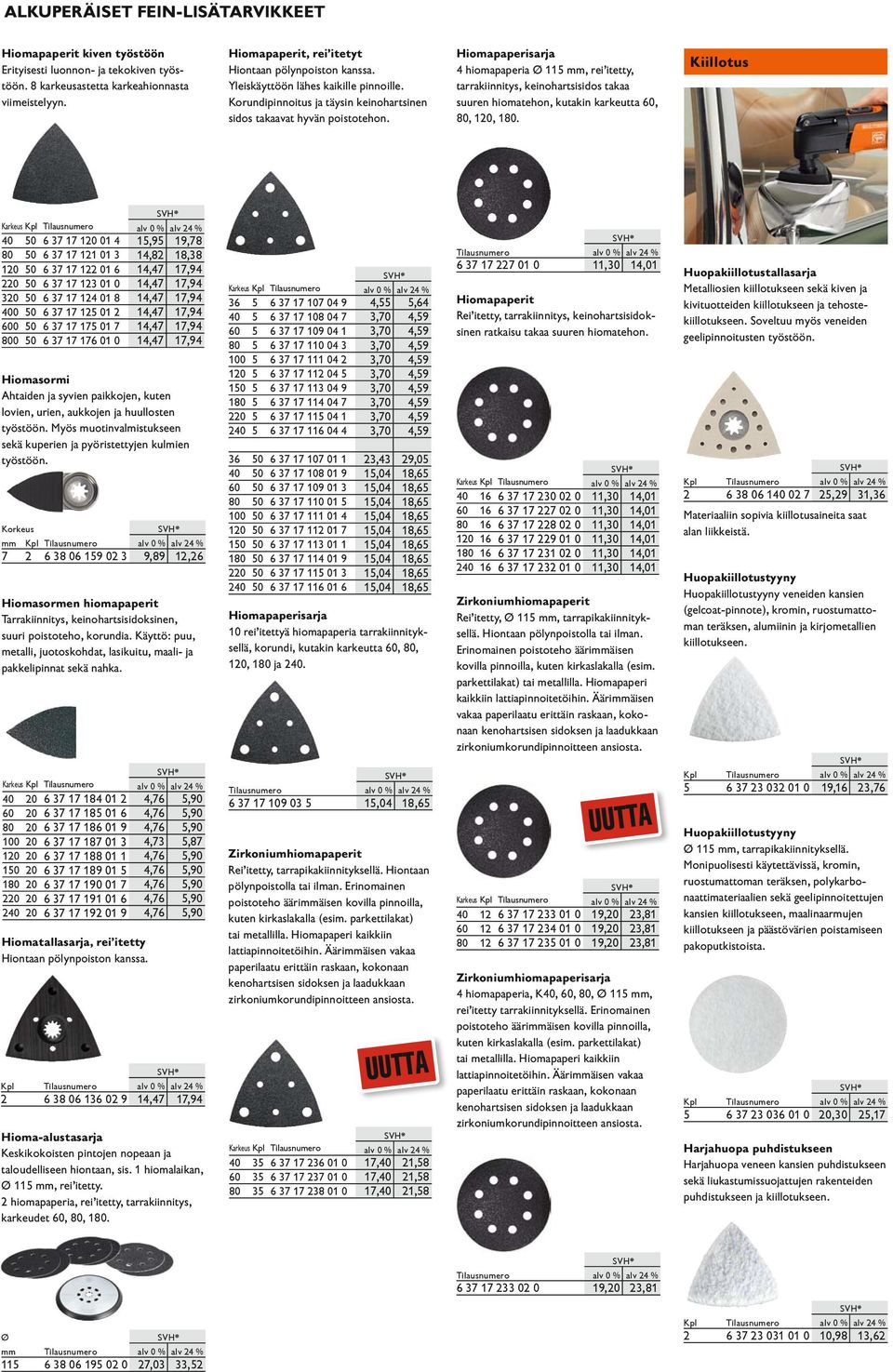 Hiomapaperisarja 4 hiomapaperia 115 mm, rei itetty, tarrakiinnitys, keinohartsisidos takaa suuren hiomatehon, kutakin karkeutta 60, 80, 120, 180.