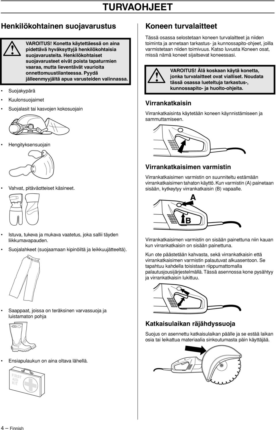 Suojakypärä Kuulonsuojaimet Suojalasit tai kasvojen kokosuojain Tässä osassa selostetaan koneen turvalaitteet ja niiden toiminta ja annetaan tarkastus- ja kunnossapito-ohjeet, joilla varmistetaan