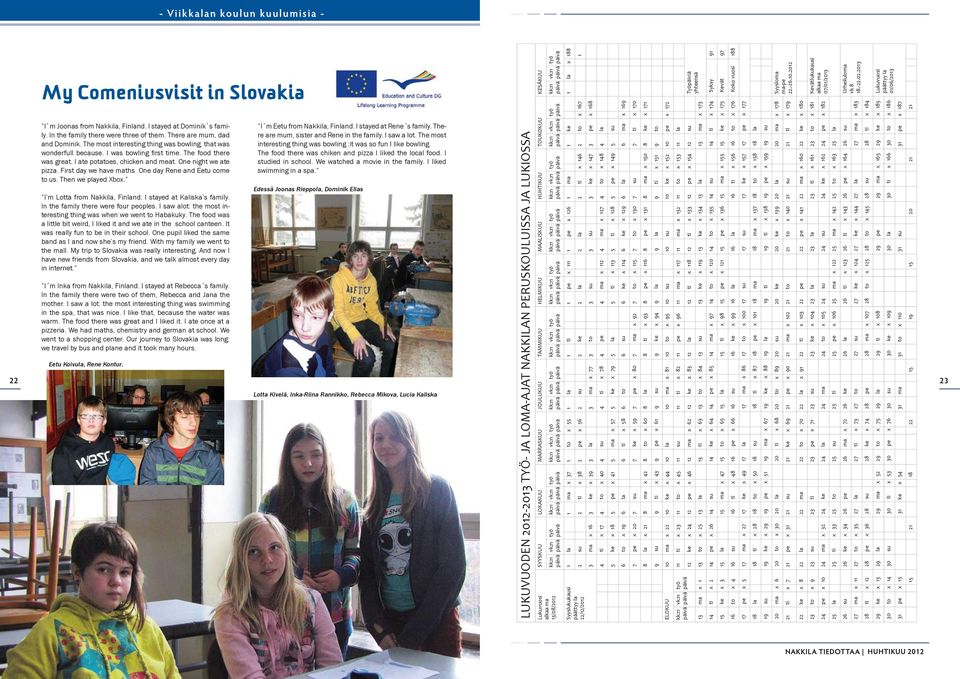 I ate potatoes, chicken and meat. One night we ate pizza. First day we have maths. One day Rene and Eetu come to us. Then we played Xbox. I m Lotta from Nakkila, Finland. I stayed at Kaliska s family.