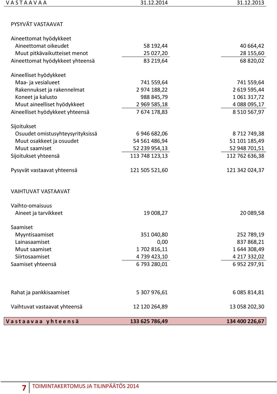 2013 PYSYVÄT VASTAAVAT Aineettomat hyödykkeet Aineettomat oikeudet 58 192,44 40 664,42 Muut pitkävaikutteiset menot 25 027,20 28 155,60 Aineettomat hyödykkeet yhteensä 83 219,64 68 820,02 Aineelliset