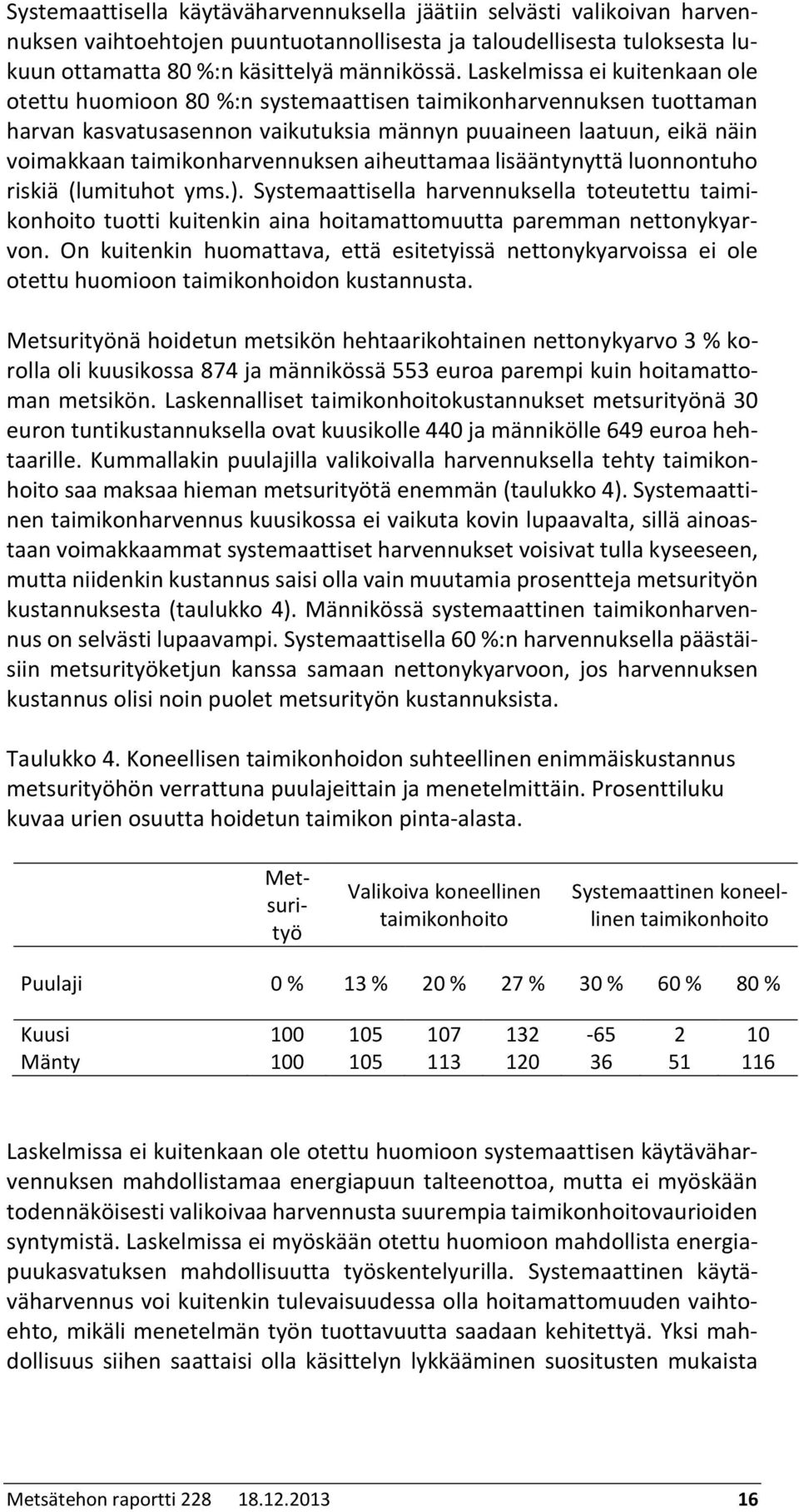 taimikonharvennuksen aiheuttamaa lisääntynyttä luonnontuho riskiä (lumituhot yms.).