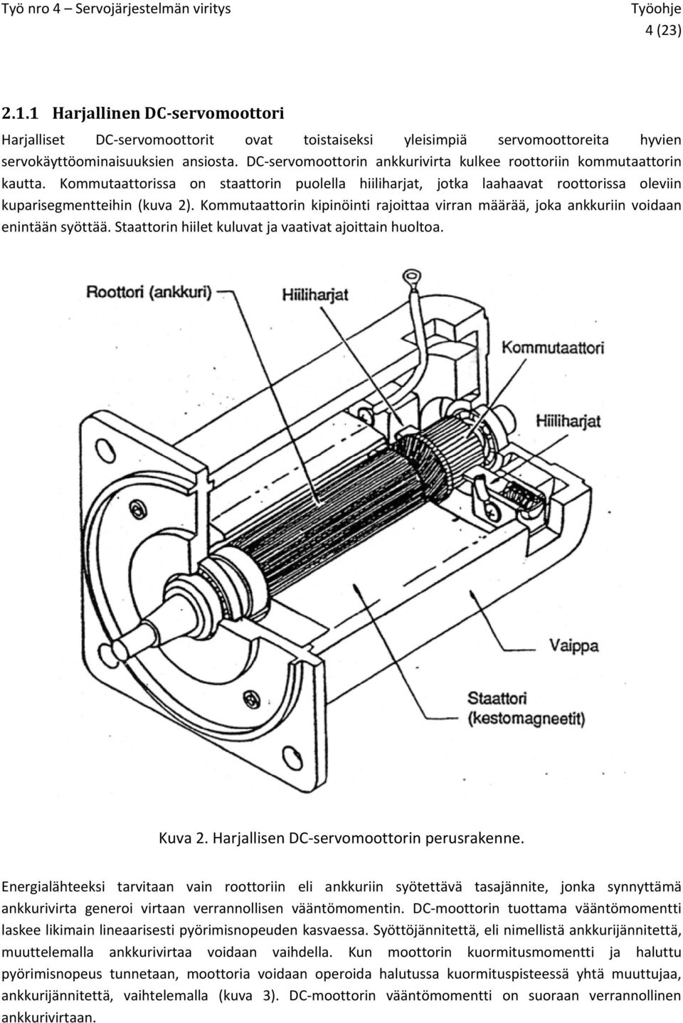 Kommutaattorin kipinöinti rajoittaa virran määrää, joka ankkuriin voidaan enintään syöttää. Staattorin hiilet kuluvat ja vaativat ajoittain huoltoa. Kuva 2. Harjallisen DC servomoottorin perusrakenne.