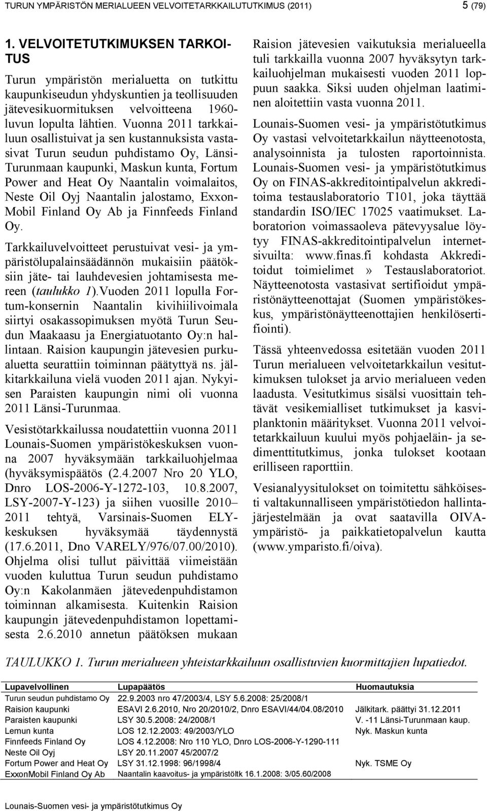 Vuonna 211 tarkkailuun osallistuivat ja sen kustannuksista vastasivat Turun seudun puhdistamo Oy, Länsi- Turunmaan kaupunki, Maskun kunta, Fortum Power and Heat Oy Naantalin voimalaitos, Neste Oil