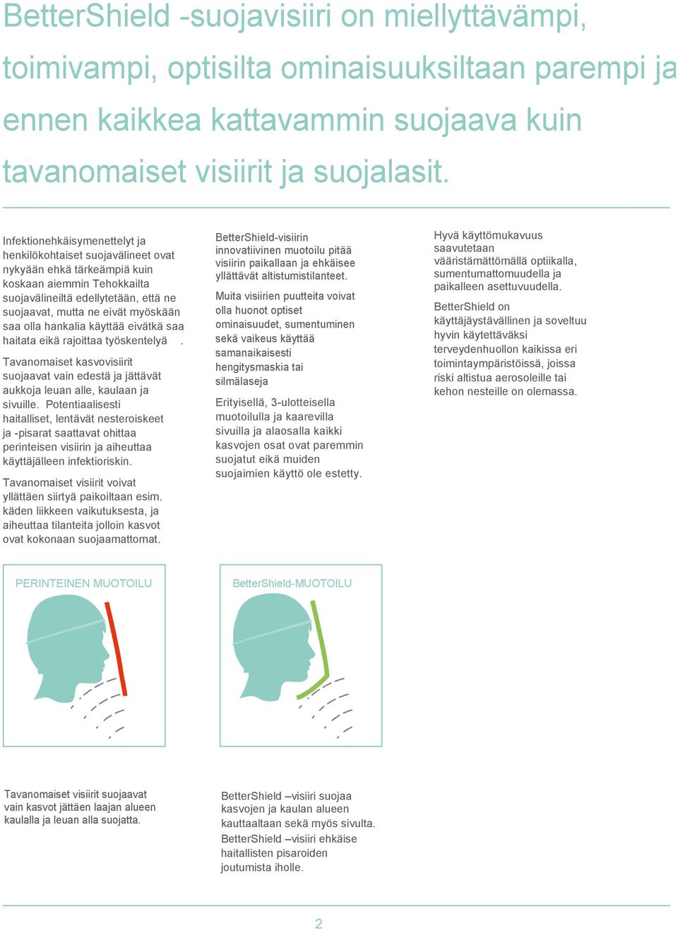 olla hankalia käyttää eivätkä saa haitata eikä rajoittaa työskentelyä. Tavanomaiset kasvovisiirit suojaavat vain edestä ja jättävät aukkoja leuan alle, kaulaan ja sivuille.