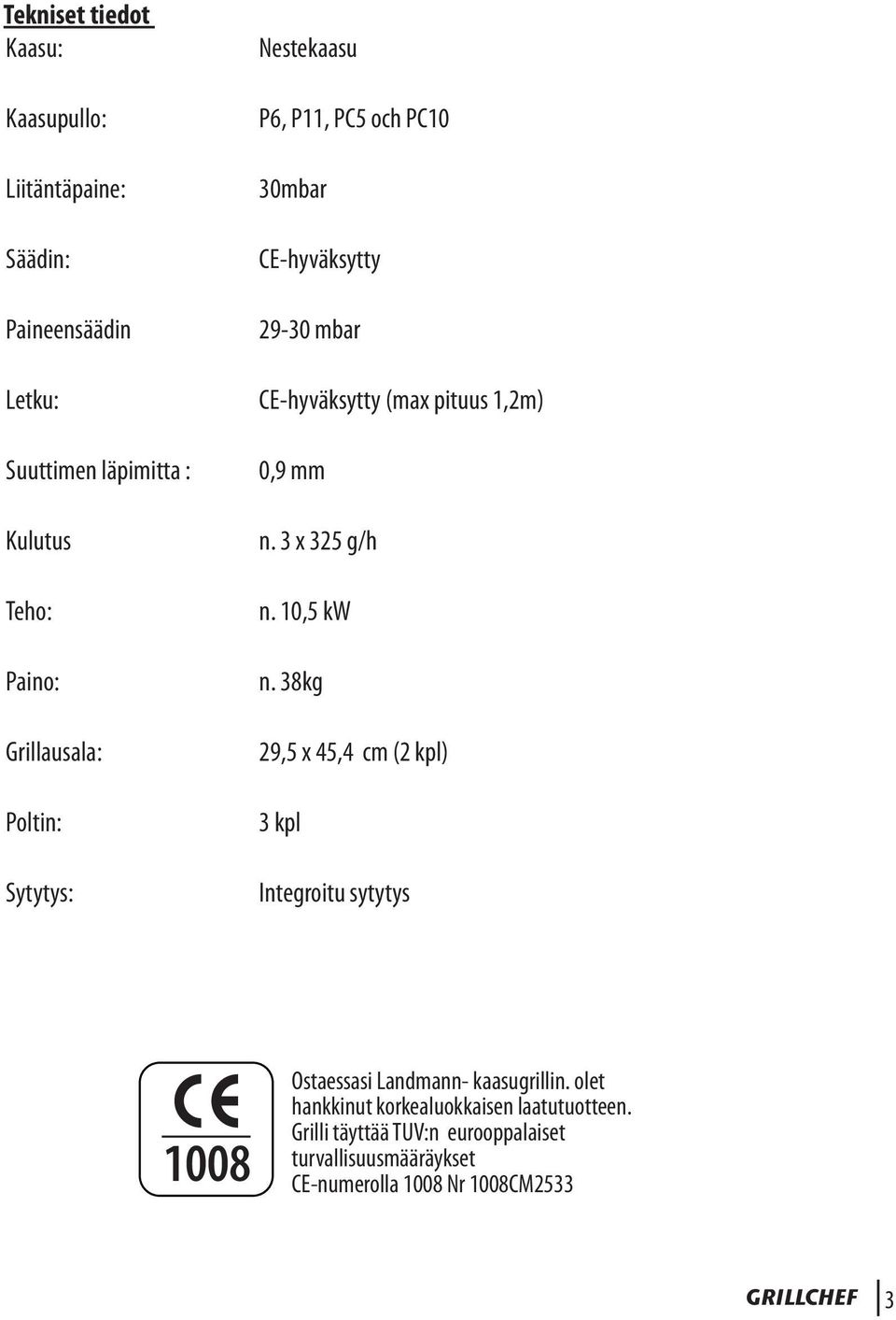 mm n. 3 x 325 g/h n. 10,5 kw n. 38kg 29,5 x 45,4 cm (2 kpl) 3 kpl Integroitu sytytys 1008 Ostaessasi Landmann- kaasugrillin.