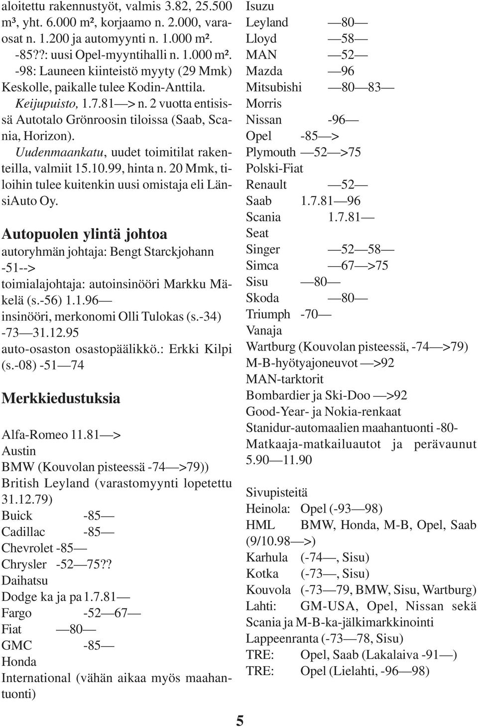 20 Mmk, tiloihin tulee kuitenkin uusi omistaja eli LänsiAuto Oy. Autopuolen ylintä johtoa autoryhmän johtaja: Bengt Starckjohann -51--> toimialajohtaja: autoinsinööri Markku Mäkelä (s.-56) 1.1.96 insinööri, merkonomi Olli Tulokas (s.