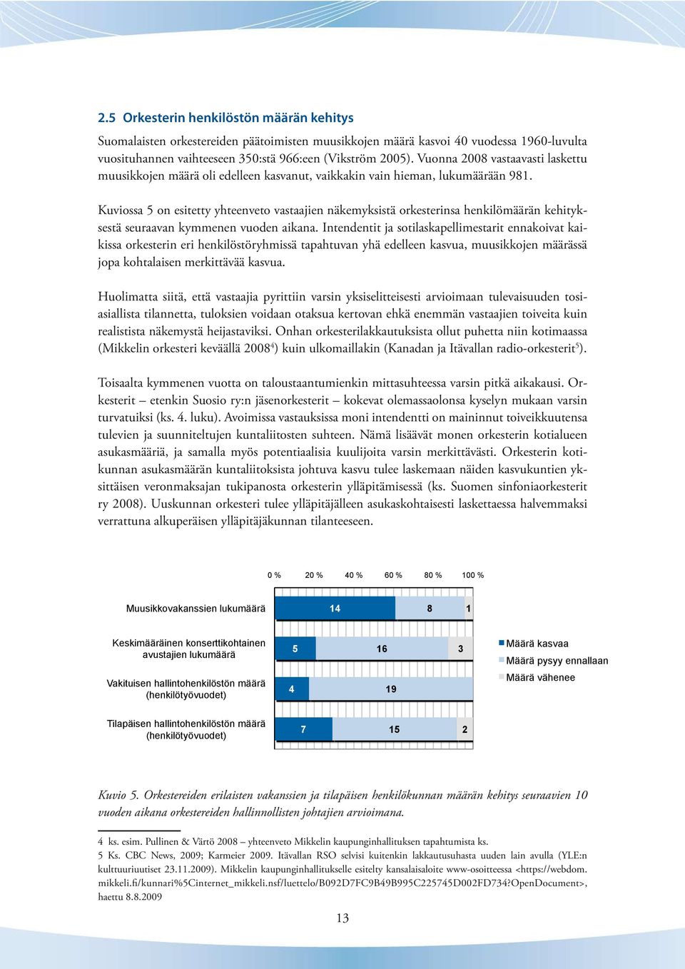 Kuviossa on esitetty yhteenveto vastaajien näkemyksistä orkesterinsa henkilömäärän kehityksestä seuraavan kymmenen vuoden aikana.