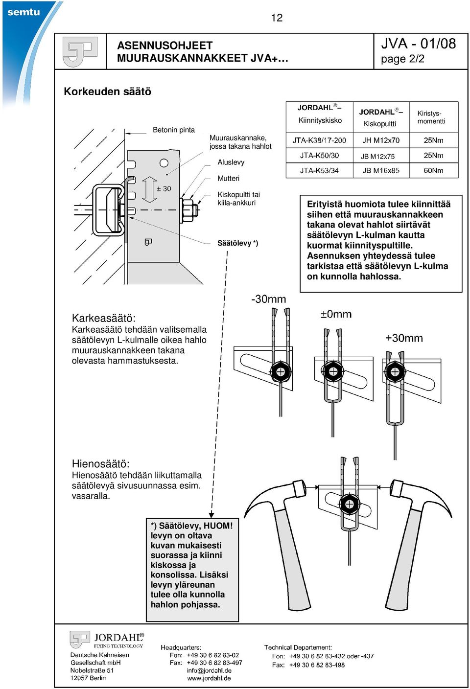 Asennuksen yhteydessä tulee tarkistaa että säätölevyn L-kulma on kunnolla hahlossa.