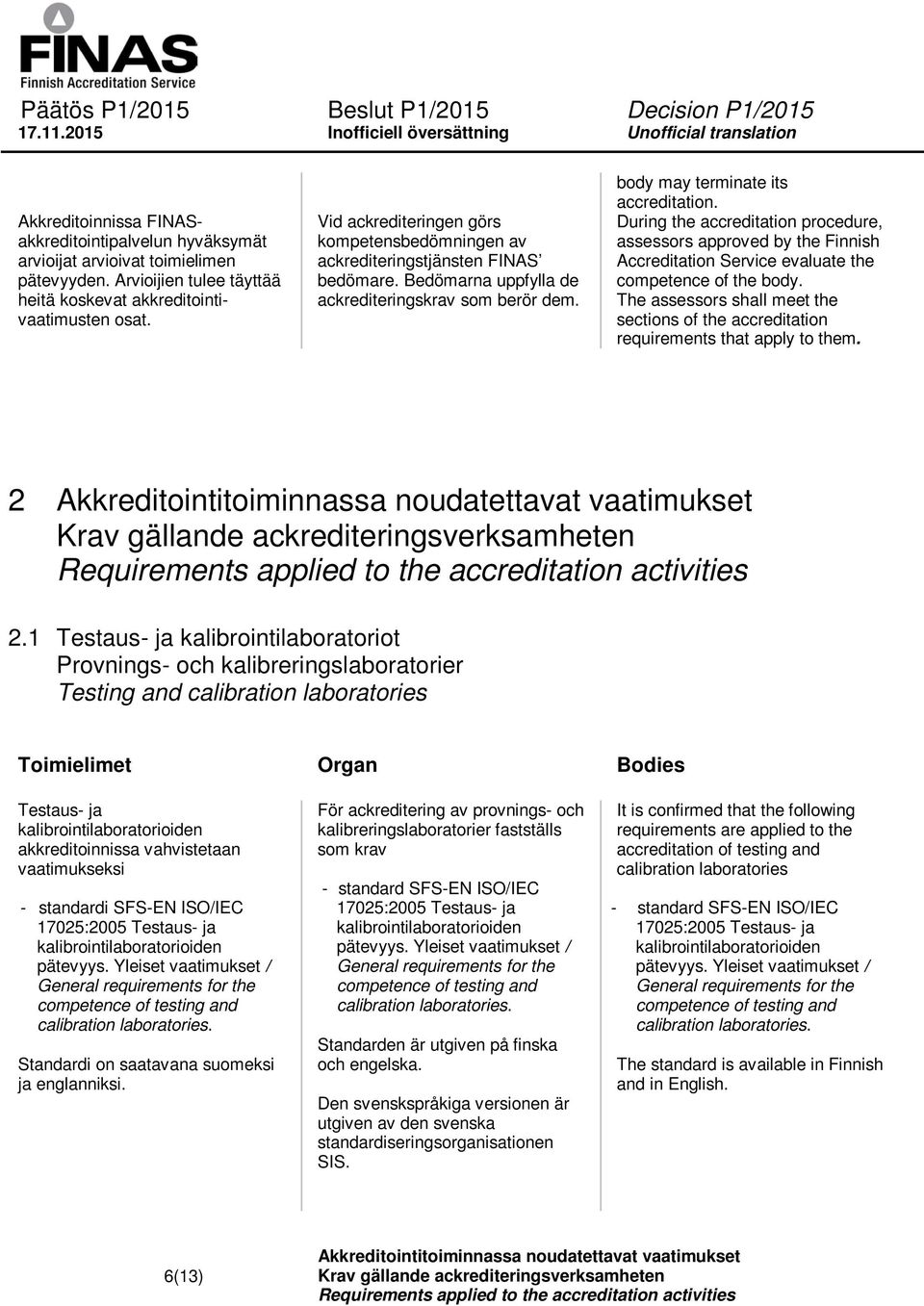 During the accreditation procedure, assessors approved by the Finnish Accreditation Service evaluate the competence of the body.