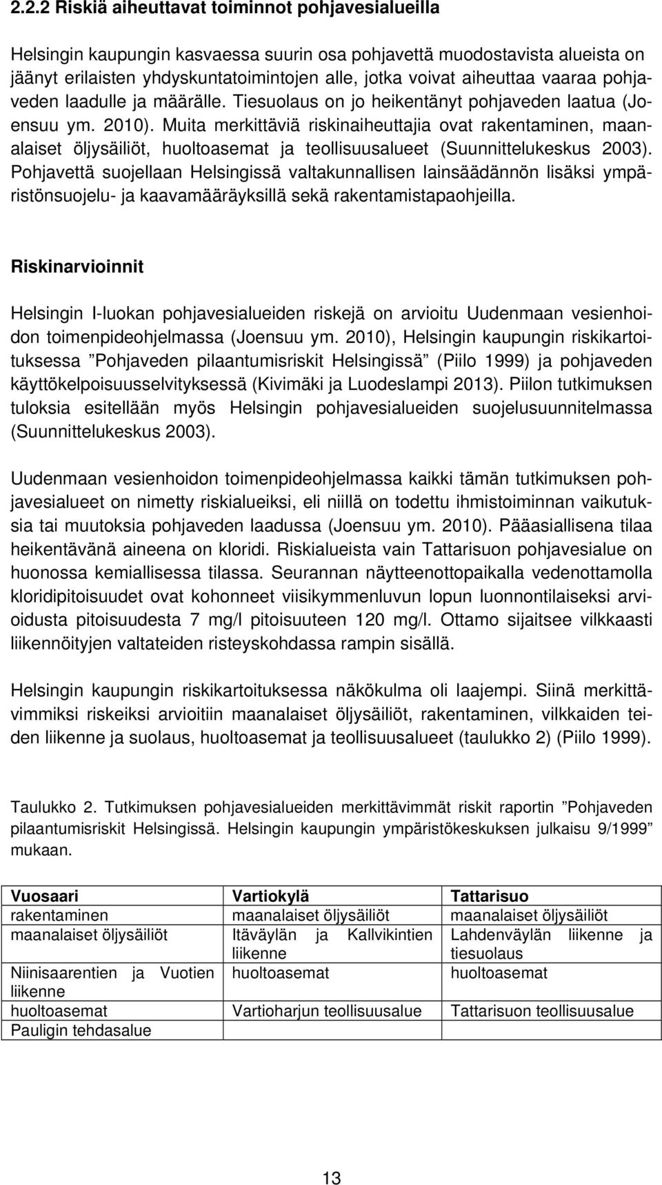 Muita merkittäviä riskinaiheuttajia ovat rakentaminen, maanalaiset öljysäiliöt, huoltoasemat ja teollisuusalueet (Suunnittelukeskus 2003).