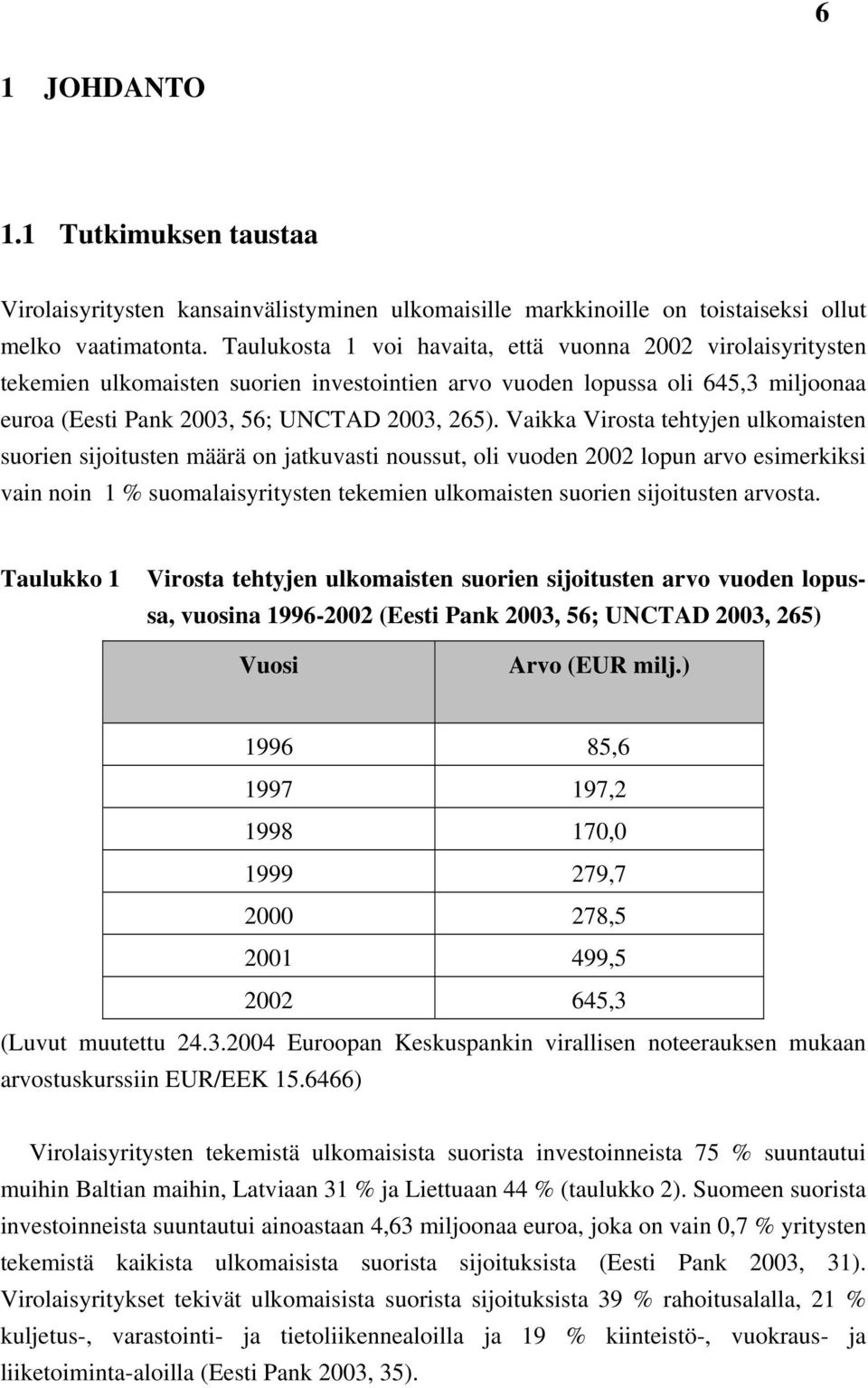 Vaikka Virosta tehtyjen ulkomaisten suorien sijoitusten määrä on jatkuvasti noussut, oli vuoden 2002 lopun arvo esimerkiksi vain noin 1 % suomalaisyritysten tekemien ulkomaisten suorien sijoitusten