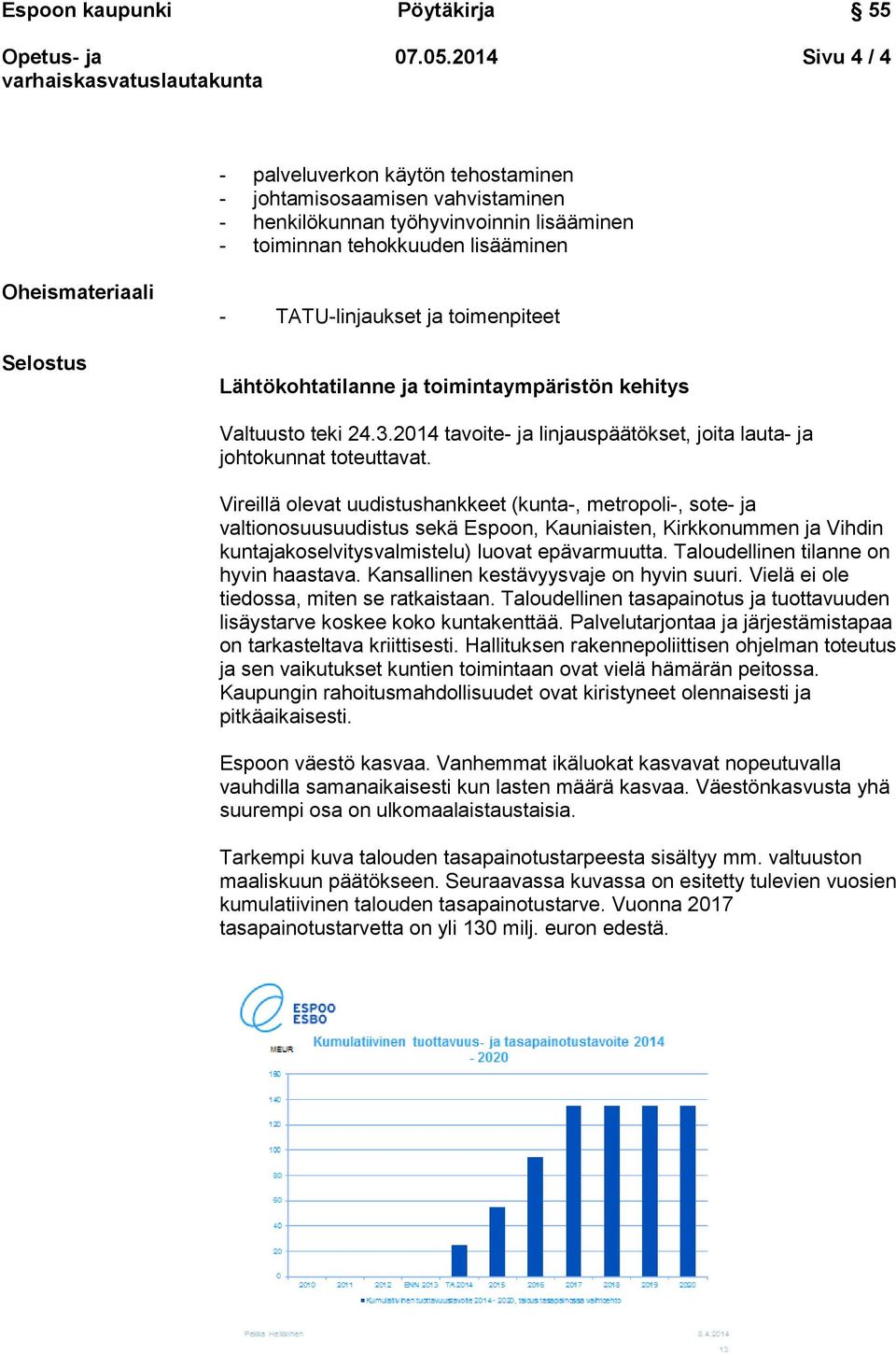 TATU-linjaukset ja toimenpiteet Lähtökohtatilanne ja toimintaympäristön kehitys Valtuusto teki 24.3.2014 tavoite- ja linjauspäätökset, joita lauta- ja johtokunnat toteuttavat.