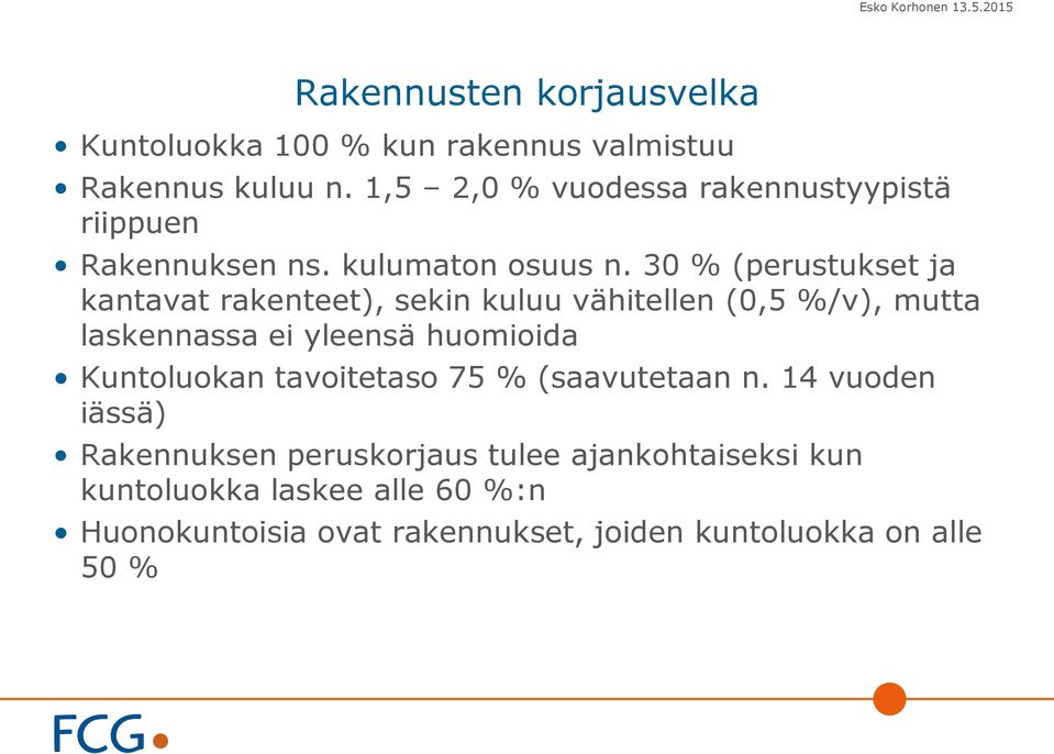 30 % (perustukset ja kantavat rakenteet), sekin kuluu vähitellen (0,5 %/v), mutta laskennassa ei yleensä huomioida