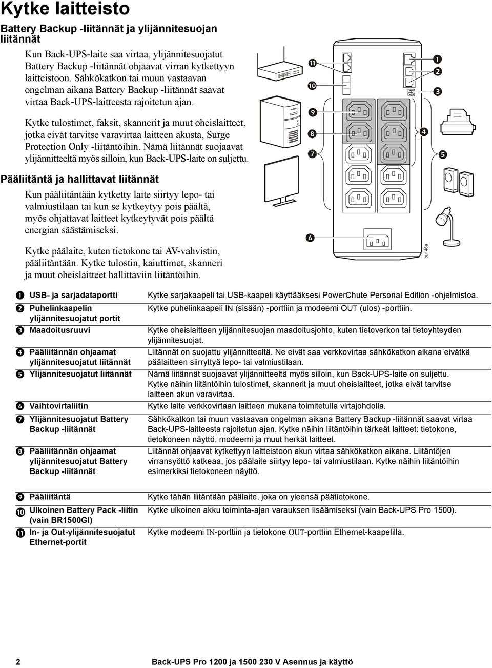 Kytke tulostimet, faksit, skannerit ja muut oheislaitteet, jotka eivät tarvitse varavirtaa laitteen akusta, Surge Protection Only -liitäntöihin.