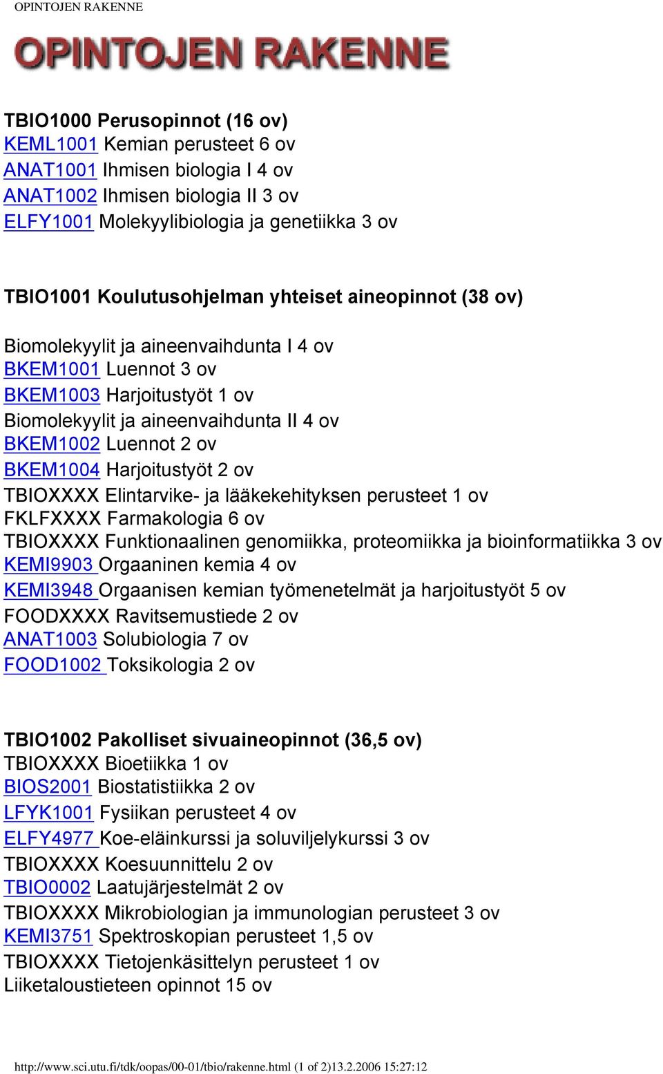 Luennot 2 ov BKEM1004 Harjoitustyöt 2 ov TBIOXXXX Elintarvike- ja lääkekehityksen perusteet 1 ov FKLFXXXX Farmakologia 6 ov TBIOXXXX Funktionaalinen genomiikka, proteomiikka ja bioinformatiikka 3 ov