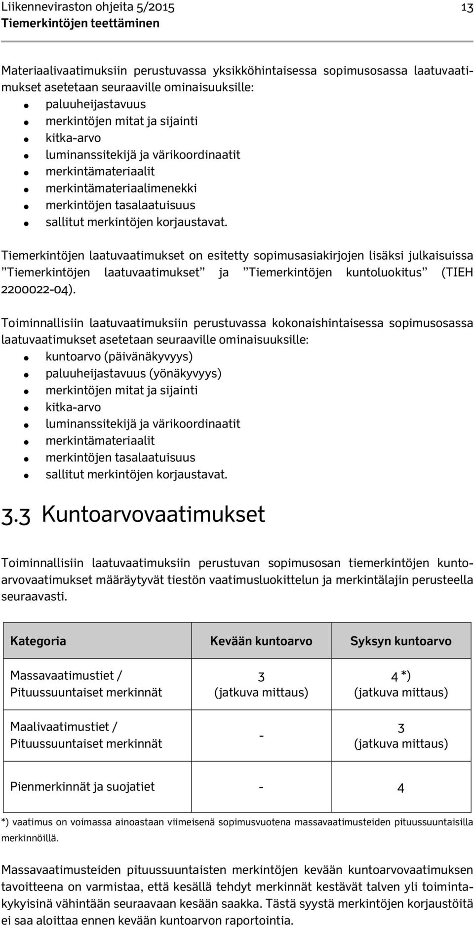 Tiemerkintöjen laatuvaatimukset on esitetty sopimusasiakirjojen lisäksi julkaisuissa Tiemerkintöjen laatuvaatimukset ja Tiemerkintöjen kuntoluokitus (TIEH 2200022-04).