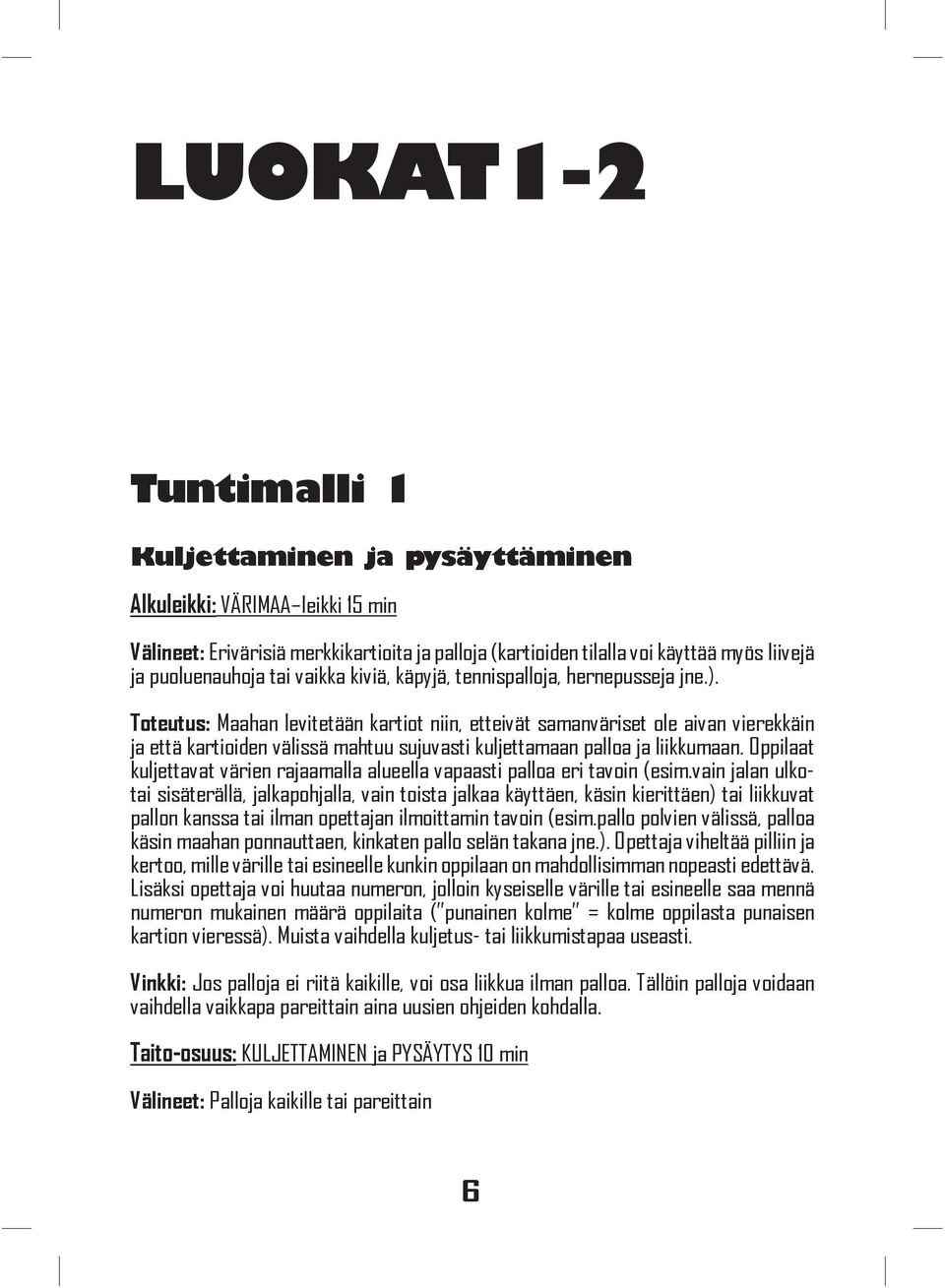 Toteutus: Maahan levitetään kartiot niin, etteivät samanväriset ole aivan vierekkäin ja että kartioiden välissä mahtuu sujuvasti kuljettamaan palloa ja liikkumaan.