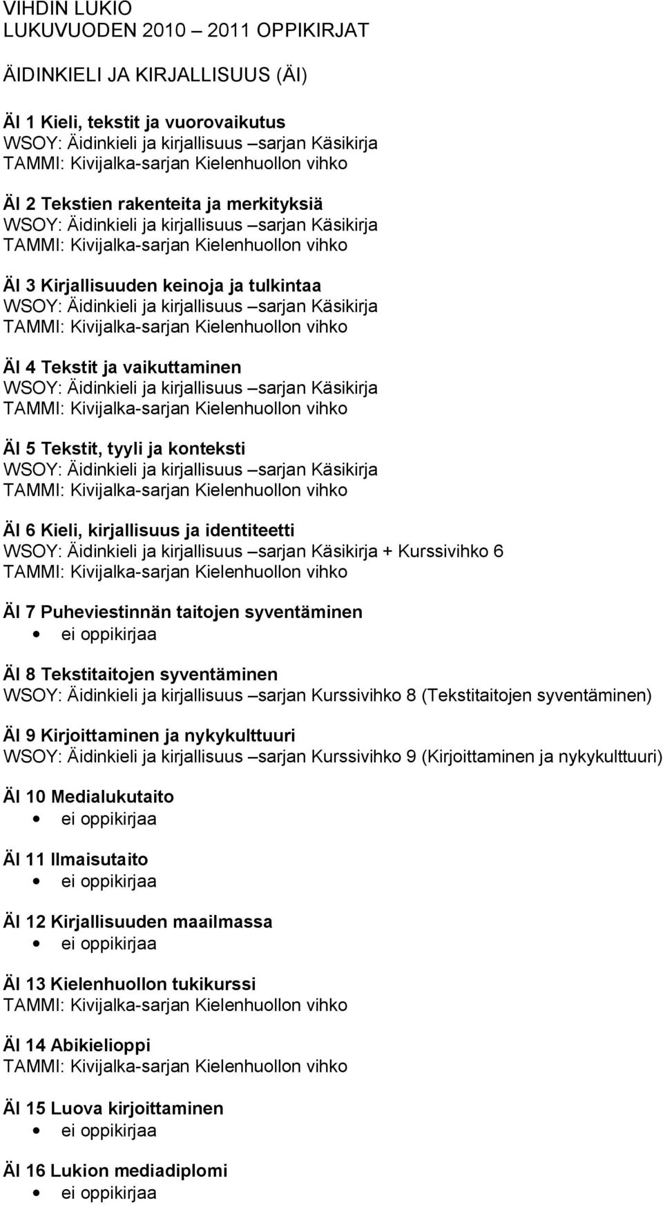 ja kirjallisuus sarjan Käsikirja ÄI 5 Tekstit, tyyli ja konteksti WSOY: Äidinkieli ja kirjallisuus sarjan Käsikirja ÄI 6 Kieli, kirjallisuus ja identiteetti WSOY: Äidinkieli ja kirjallisuus sarjan