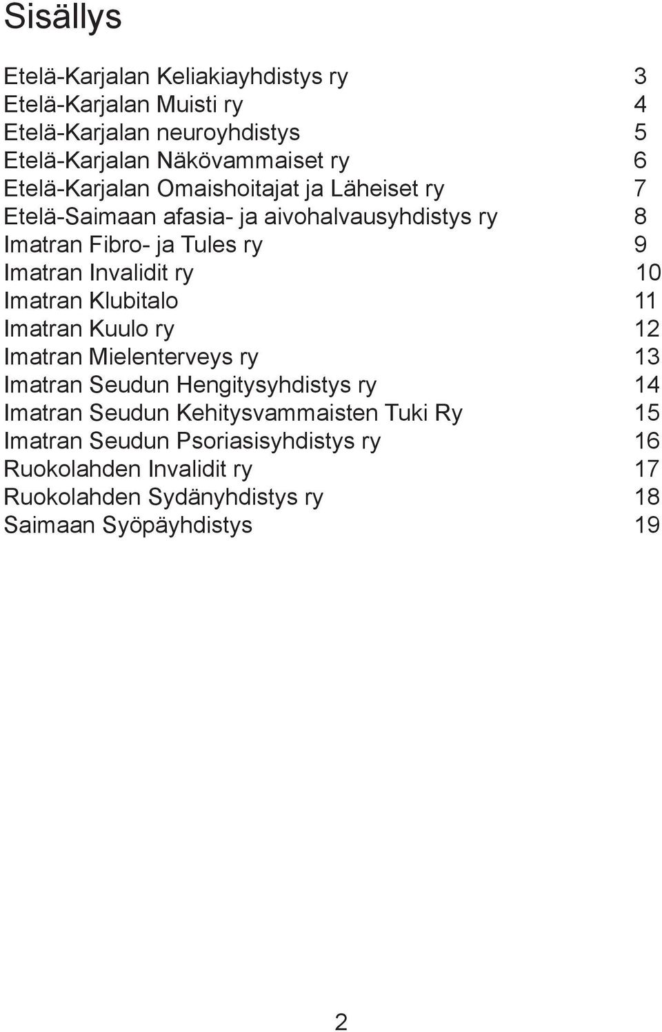 Invalidit ry 10 Imatran Klubitalo 11 Imatran Kuulo ry 12 Imatran Mielenterveys ry 13 Imatran Seudun Hengitysyhdistys ry 14 Imatran Seudun