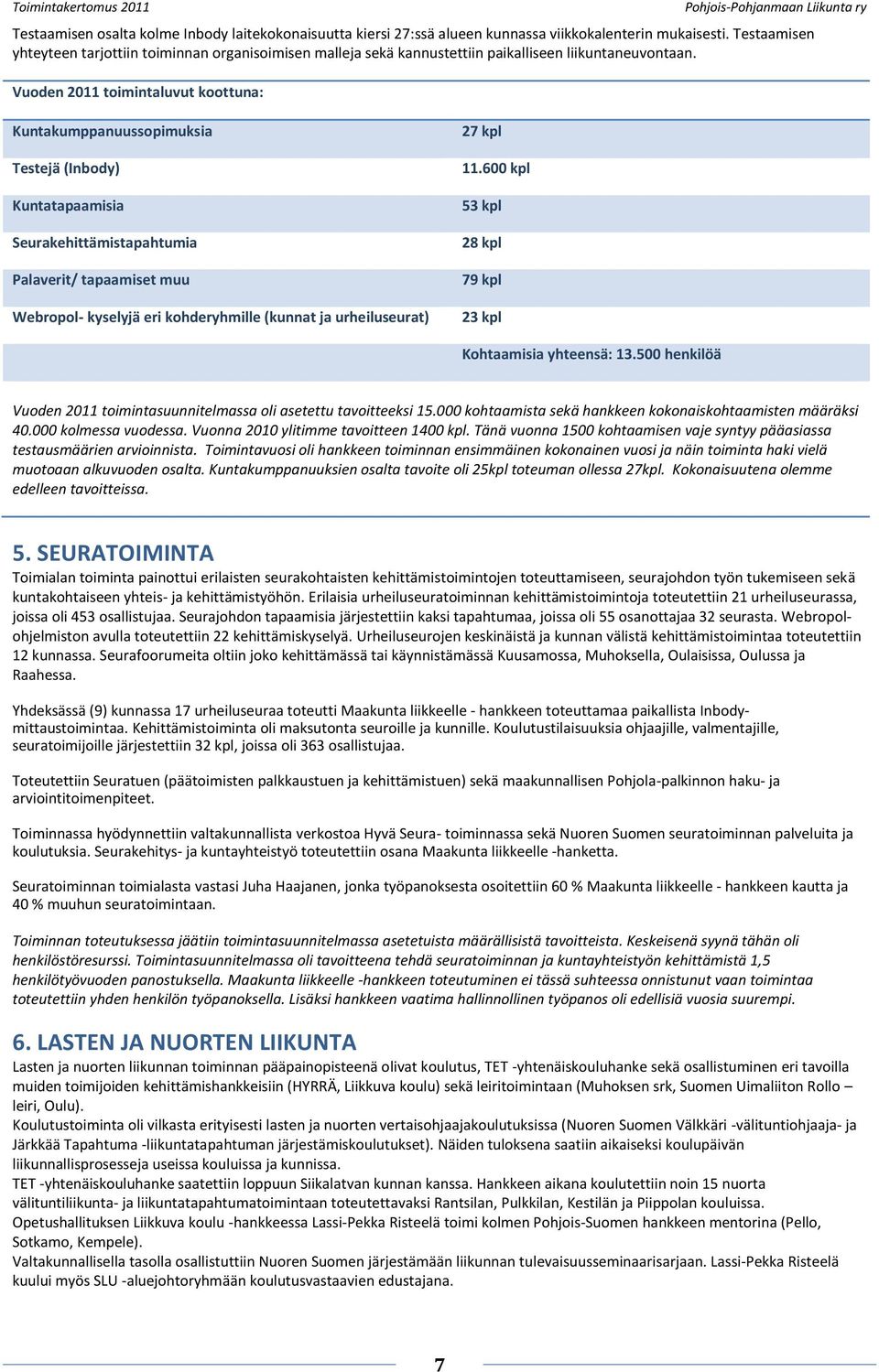 Vuoden 2011 toimintaluvut koottuna: Kuntakumppanuussopimuksia Testejä (Inbody) Kuntatapaamisia Seurakehittämistapahtumia Palaverit/ tapaamiset muu Webropol- kyselyjä eri kohderyhmille (kunnat ja