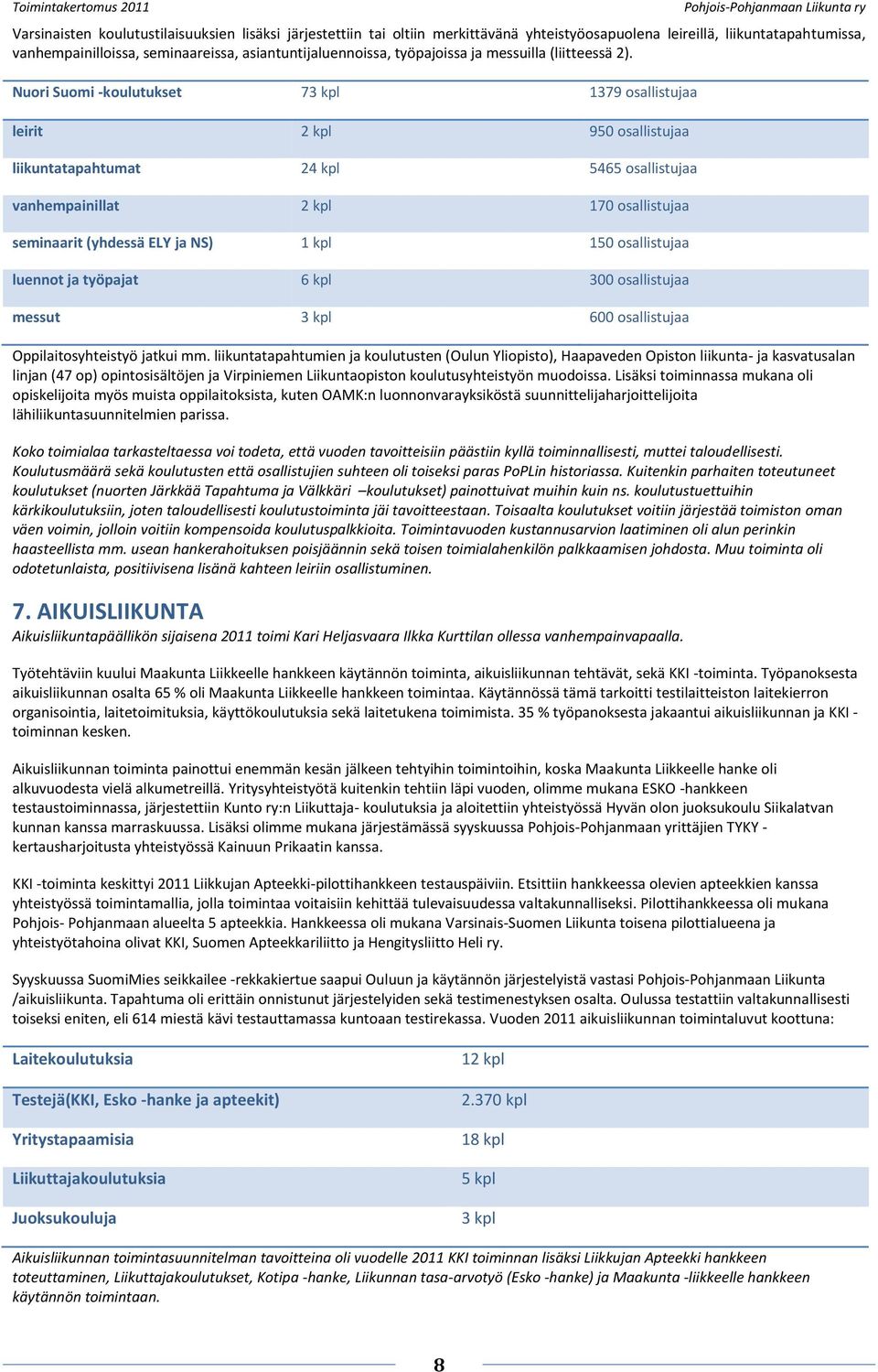 Nuori Suomi -koulutukset 73 kpl 1379 osallistujaa leirit 2 kpl 950 osallistujaa liikuntatapahtumat 24 kpl 5465 osallistujaa vanhempainillat 2 kpl 170 osallistujaa seminaarit (yhdessä ELY ja NS) 1 kpl