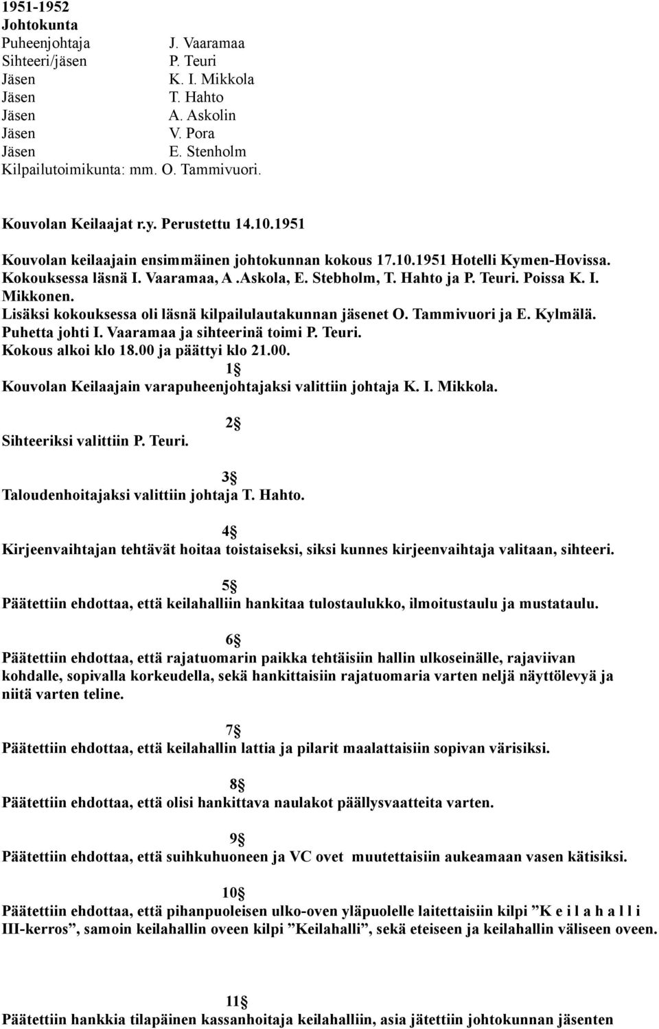 Lisäksi kokouksessa oli läsnä kilpailulautakunnan jäsenet O. Tammivuori ja E. Kylmälä. Puhetta johti I. Vaaramaa ja sihteerinä toimi P. Teuri. Kokous alkoi klo 18.00 