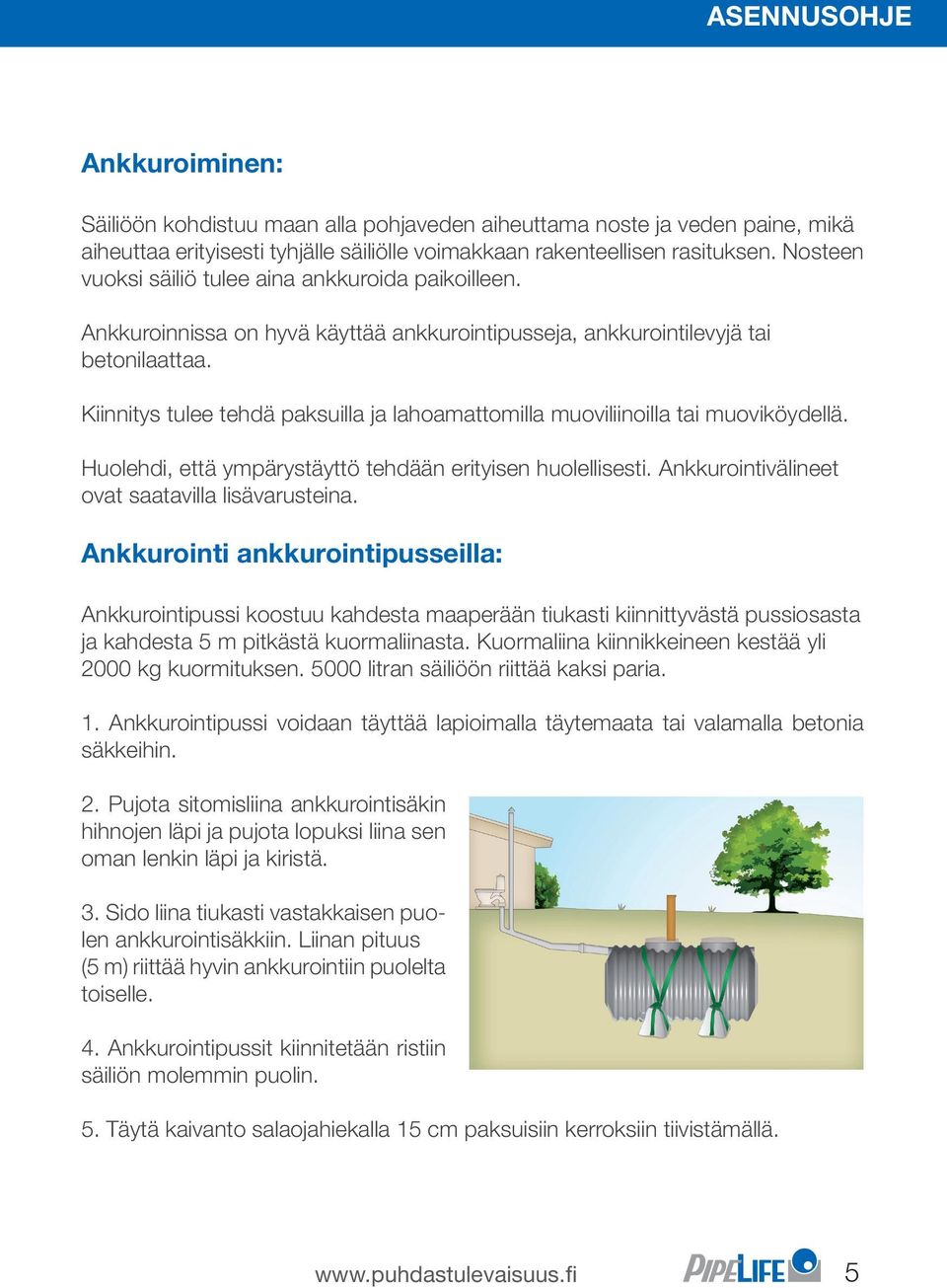 Kiinnitys tulee tehdä paksuilla ja lahoamattomilla muoviliinoilla tai muoviköydellä. Huolehdi, että ympärystäyttö tehdään erityisen huolellisesti. Ankkurointivälineet ovat saatavilla lisävarusteina.