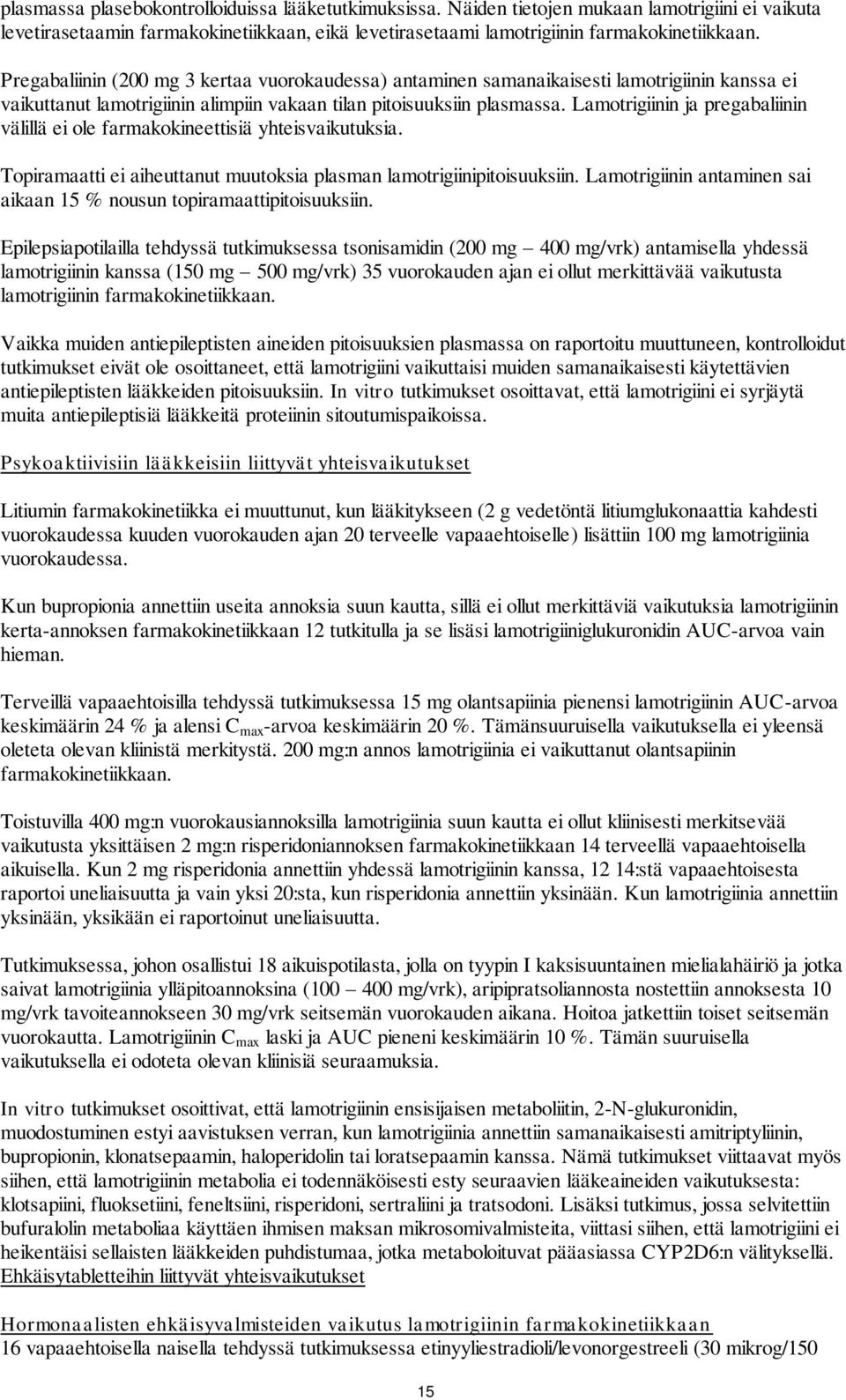 Lamotrigiinin ja pregabaliinin välillä ei ole farmakokineettisiä yhteisvaikutuksia. Topiramaatti ei aiheuttanut muutoksia plasman lamotrigiinipitoisuuksiin.