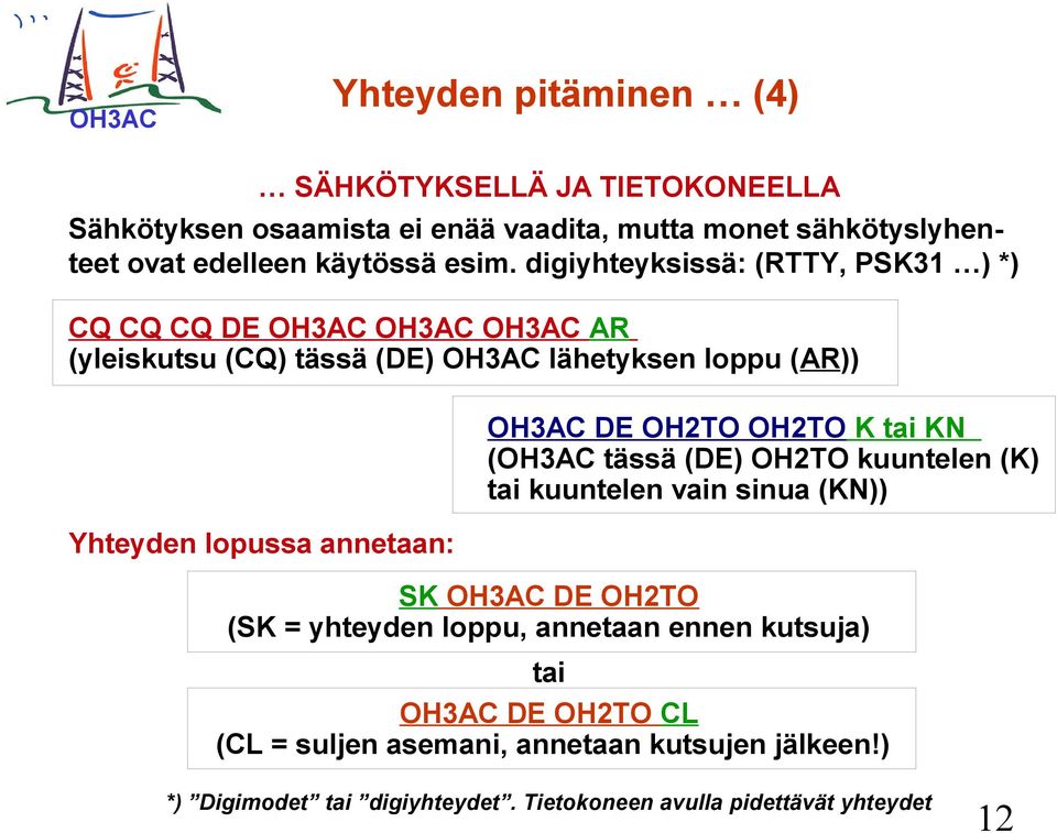 OH3AC DE OH2TO OH2TO K tai KN (OH3AC tässä (DE) OH2TO kuuntelen (K) tai kuuntelen vain sinua (KN)) SK OH3AC DE OH2TO (SK = yhteyden loppu, annetaan