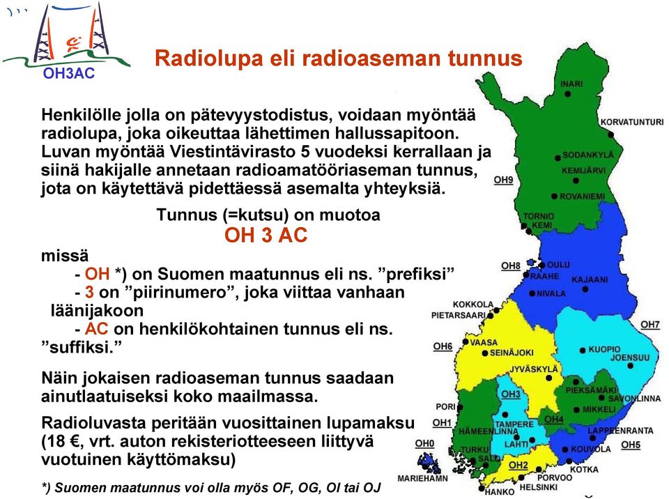 Tunnus (=kutsu) on muotoa OH 3 AC missä - OH *) on Suomen maatunnus eli ns. prefiksi - 3 on piirinumero, joka viittaa vanhaan läänijakoon - AC on henkilökohtainen tunnus eli ns.