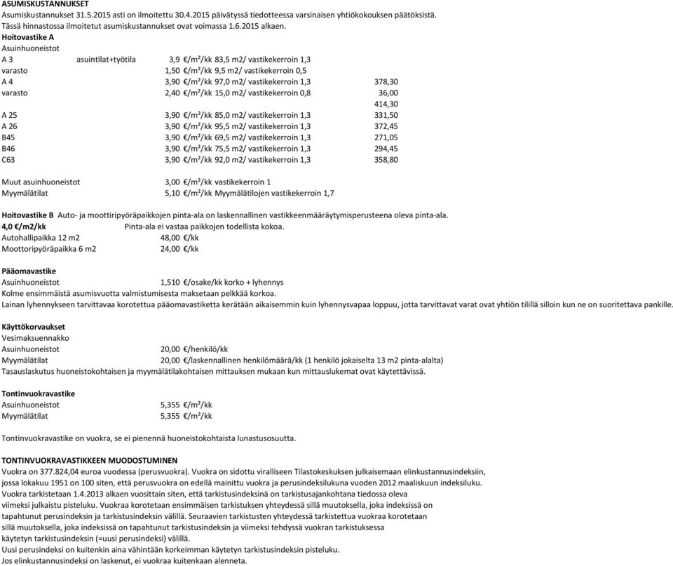 Hoitovastike A A 3 asuintilat+työtila 3,9 /m²/kk 83,5 m2/ vastikekerroin 1,3 varasto 1,50 /m²/kk 9,5 m2/ vastikekerroin 0,5 A 4 3,90 /m²/kk 97,0 m2/ vastikekerroin 1,3 378,30 varasto 2,40 /m²/kk 15,0