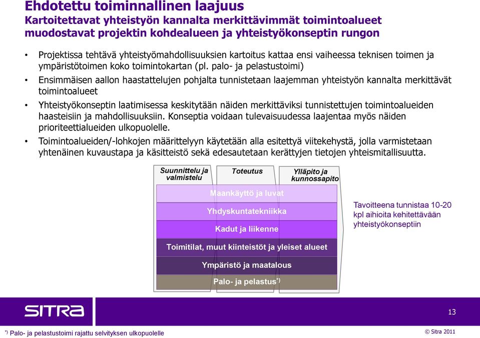 palo- ja pelastustoimi) Ensimmäisen aallon haastattelujen pohjalta tunnistetaan laajemman yhteistyön kannalta merkittävät toimintoalueet Yhteistyökonseptin laatimisessa keskitytään näiden