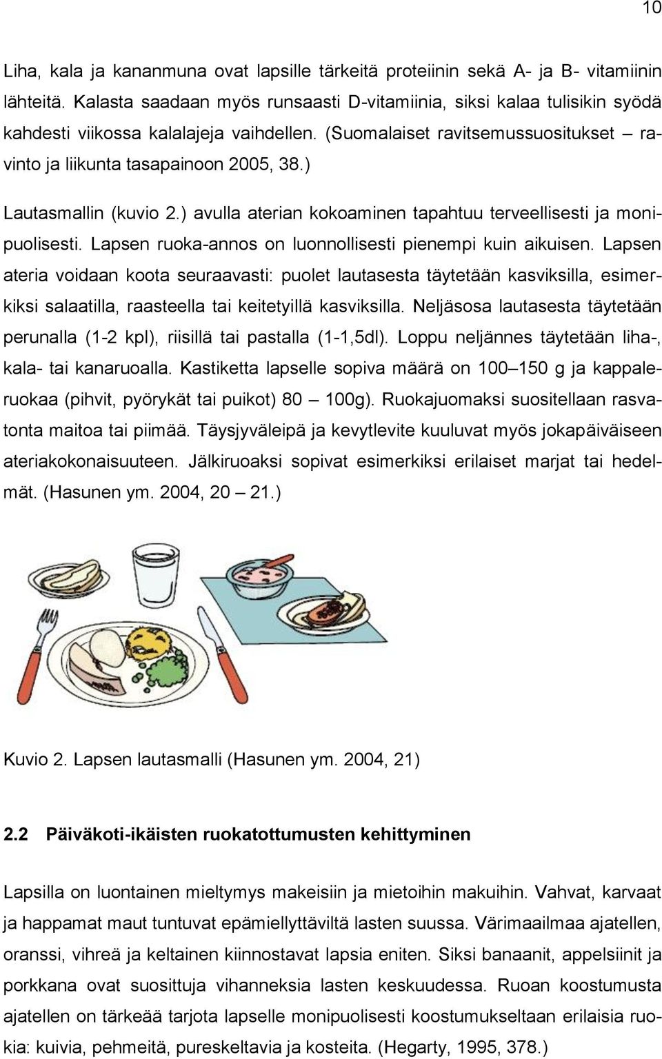 ) Lautasmallin (kuvio 2.) avulla aterian kokoaminen tapahtuu terveellisesti ja monipuolisesti. Lapsen ruoka-annos on luonnollisesti pienempi kuin aikuisen.