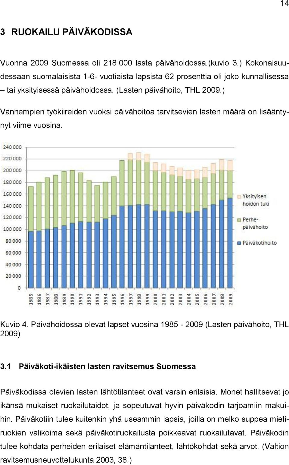 ) Vanhempien työkiireiden vuoksi päivähoitoa tarvitsevien lasten määrä on lisääntynyt viime vuosina. Kuvio 4. Päivähoidossa olevat lapset vuosina 1985-2009 (Lasten päivähoito, THL 2009) 3.