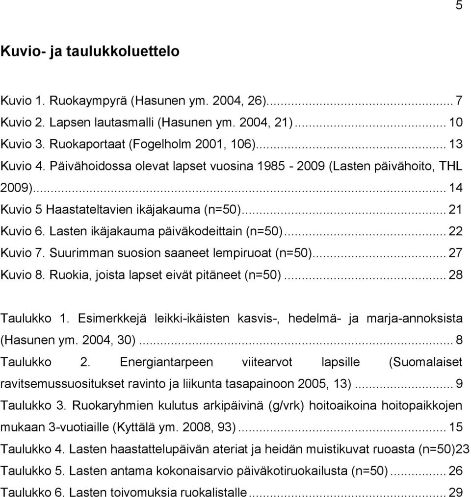 Suurimman suosion saaneet lempiruoat (n=50)... 27 Kuvio 8. Ruokia, joista lapset eivät pitäneet (n=50)... 28 Taulukko 1. Esimerkkejä leikki-ikäisten kasvis-, hedelmä- ja marja-annoksista (Hasunen ym.